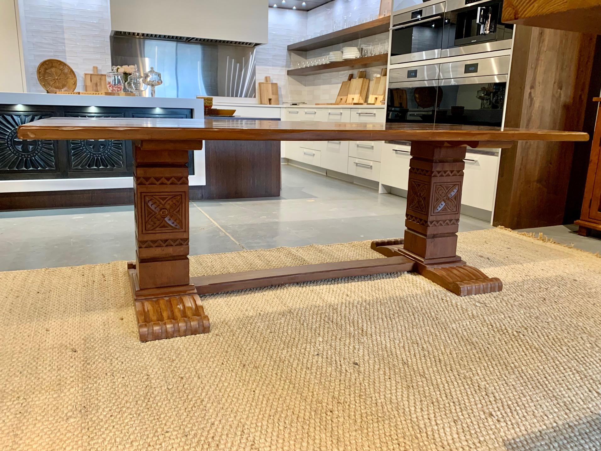 This beautiful hand carved table is hand crafted by skilled scraftsmen and women in our New Mexico factory.
A showroom piece that shows some use but in perfect condition.
This 90