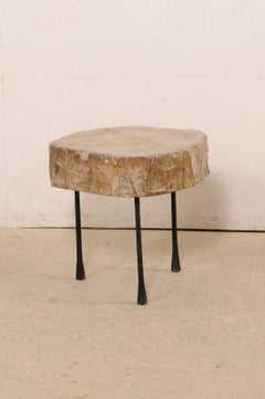 Custom Drinks Table with Thick Spanish Wood Slab Top on Twisted Iron Legs