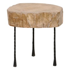 Custom Drinks Table with Thick Spanish Wood Slab Top on Twisted Iron Legs
