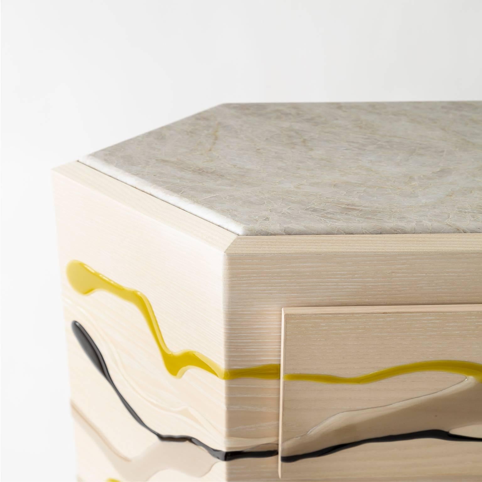 Organic Modern Custom Drip/Fold Dresser, Ash Plywood with Resin and Stone Top For Sale