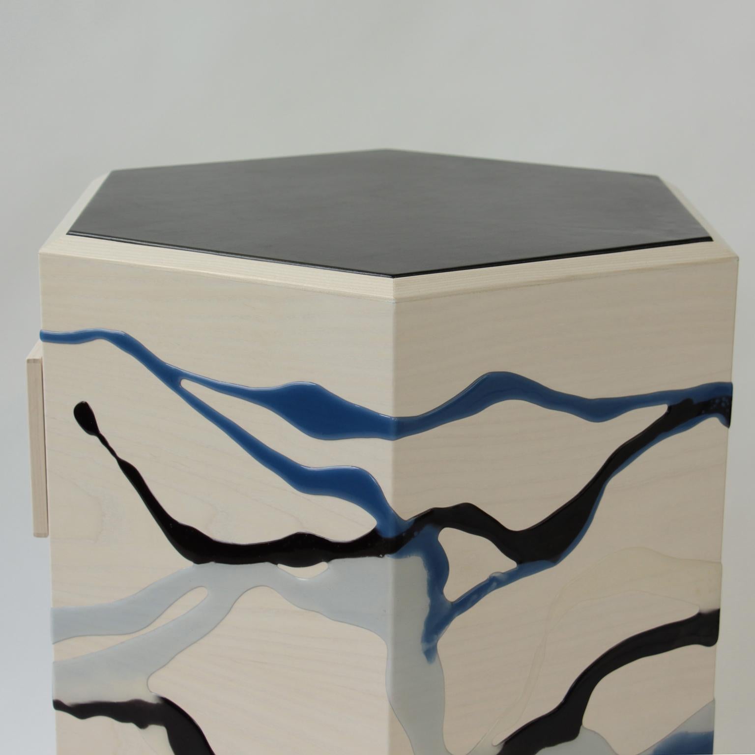 Custom Drip/Fold End Table, Ash Plywood & Resin with Leather top, Pair Available For Sale 2