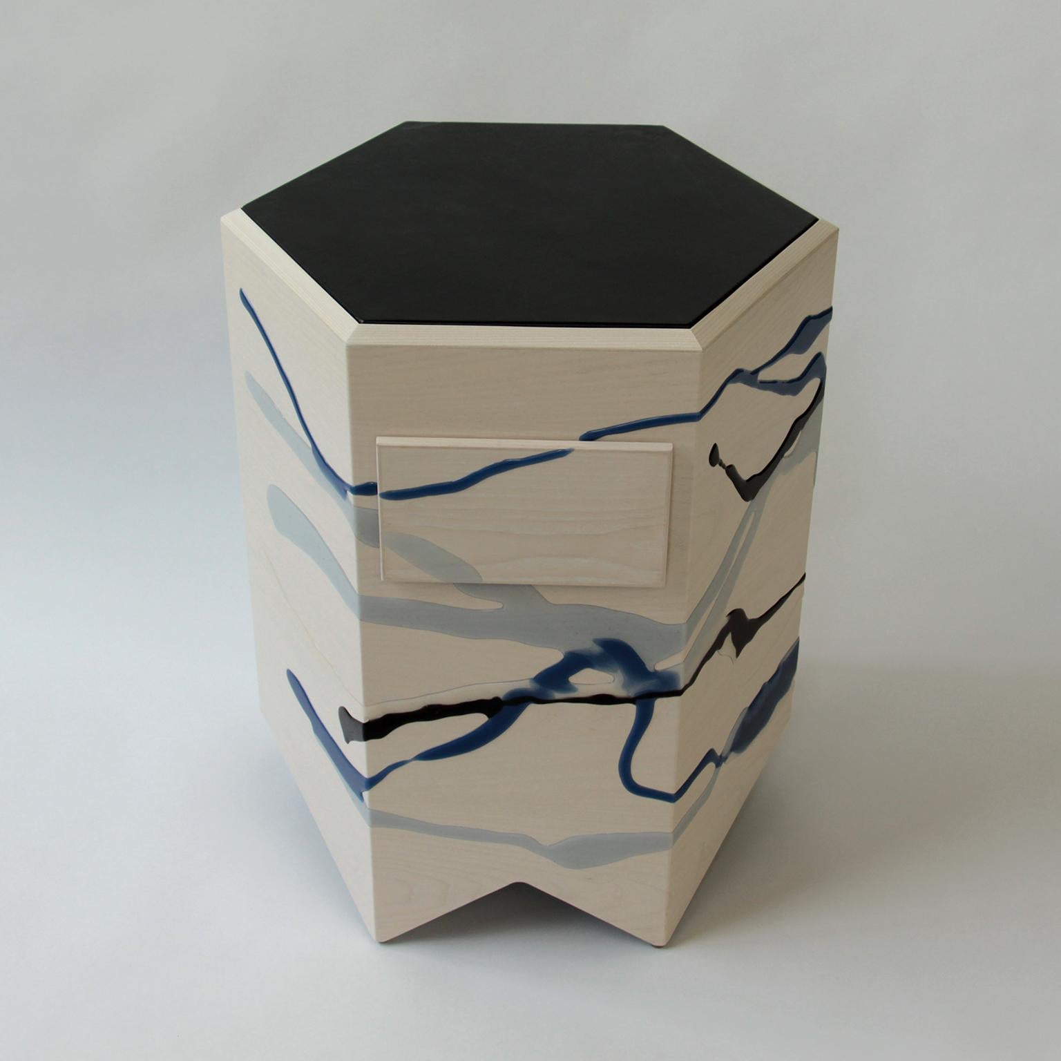 Organic Modern Custom Drip/Fold End Table, Ash Plywood & Resin with Leather top, Pair Available For Sale