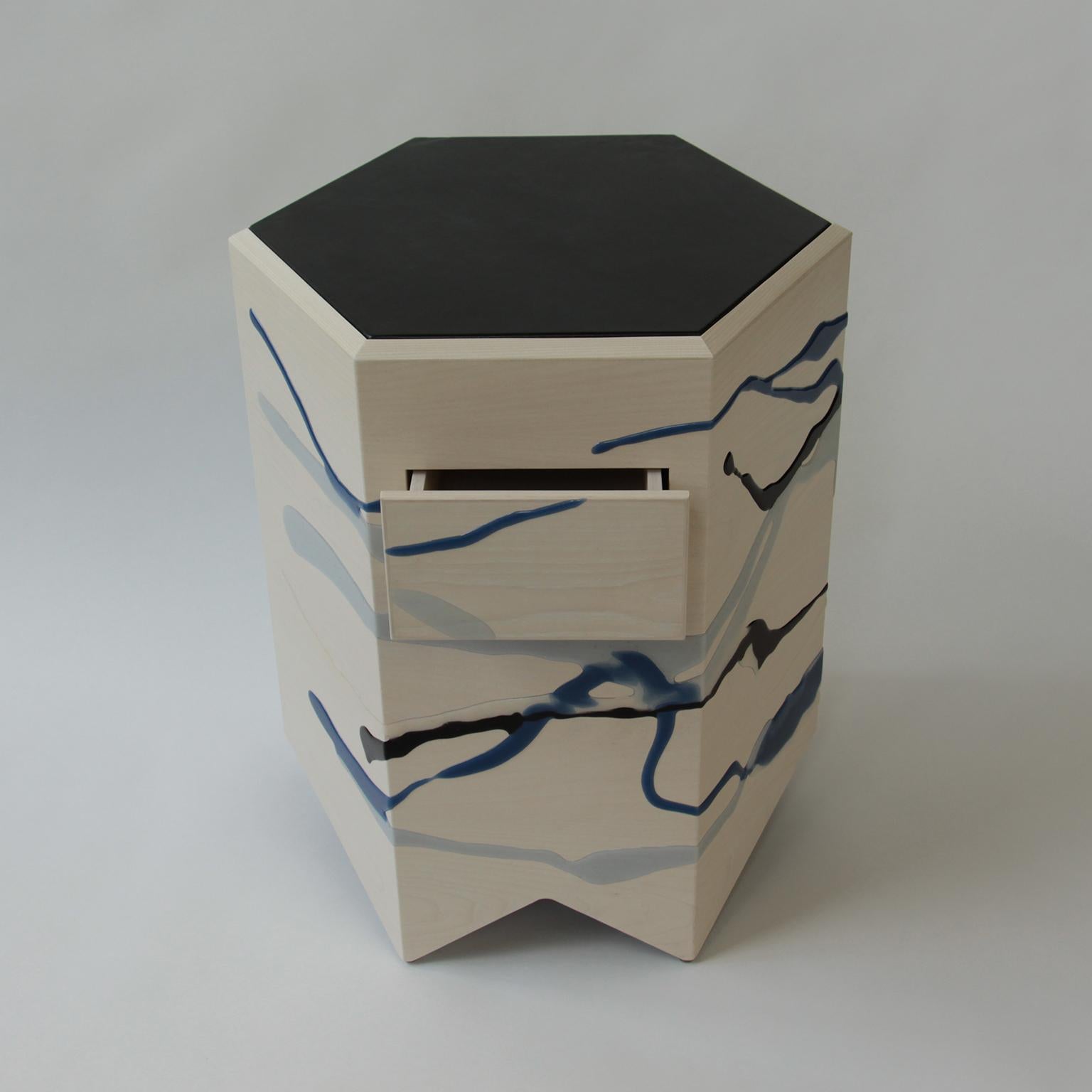 American Custom Drip/Fold End Table, Ash Plywood & Resin with Leather top, Pair Available For Sale