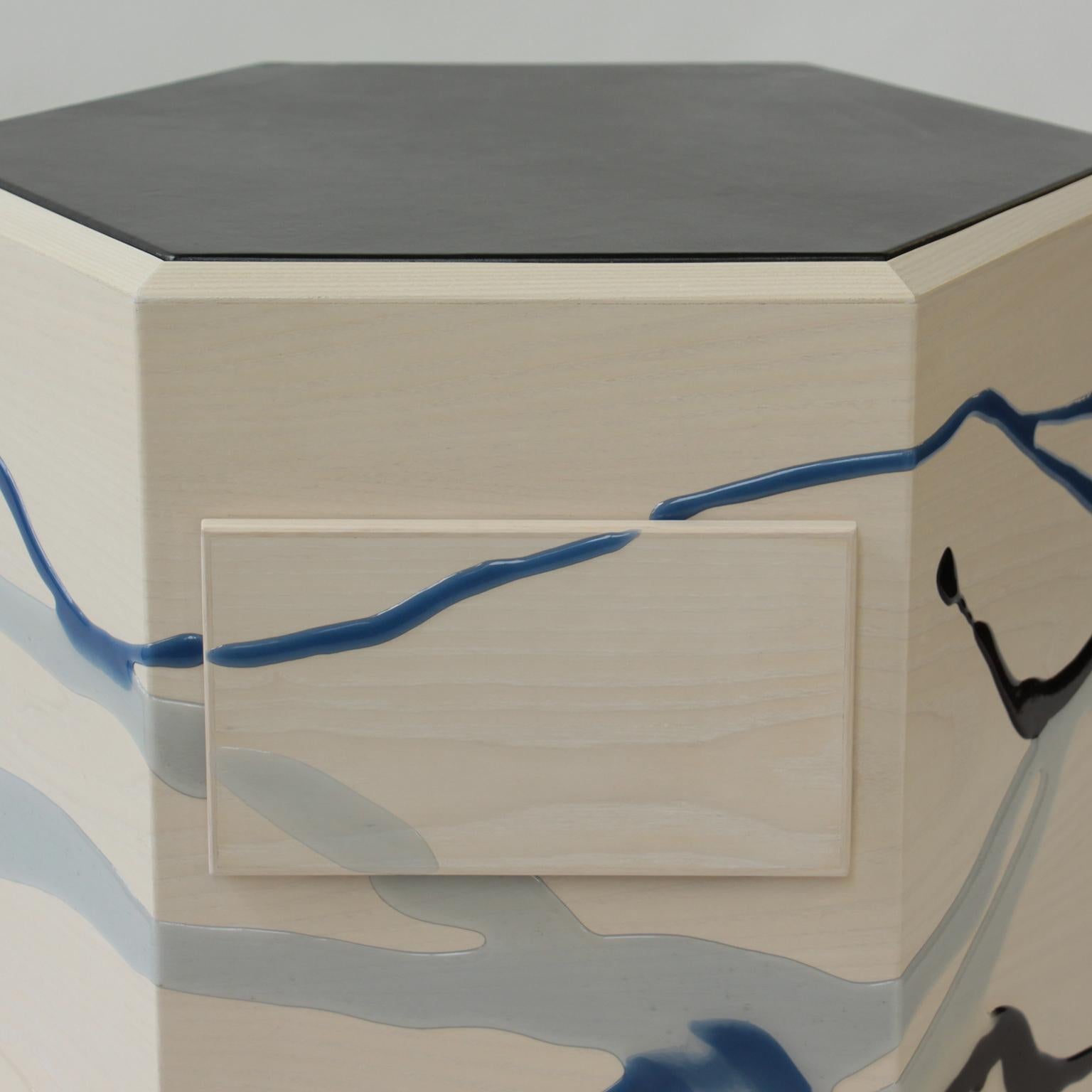 Custom Drip/Fold End Table, Ash Plywood & Resin with Leather top, Pair Available In New Condition For Sale In Brooklyn, NY