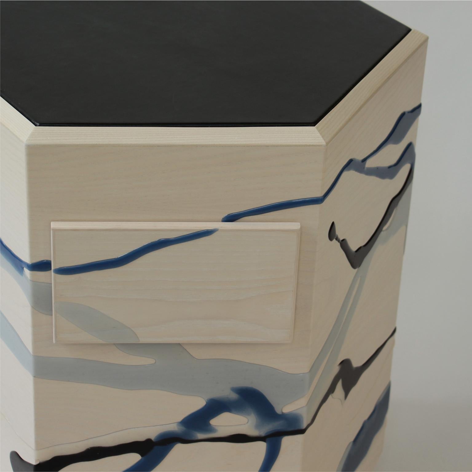 Contemporary Custom Drip/Fold End Table, Ash Plywood & Resin with Leather top, Pair Available For Sale