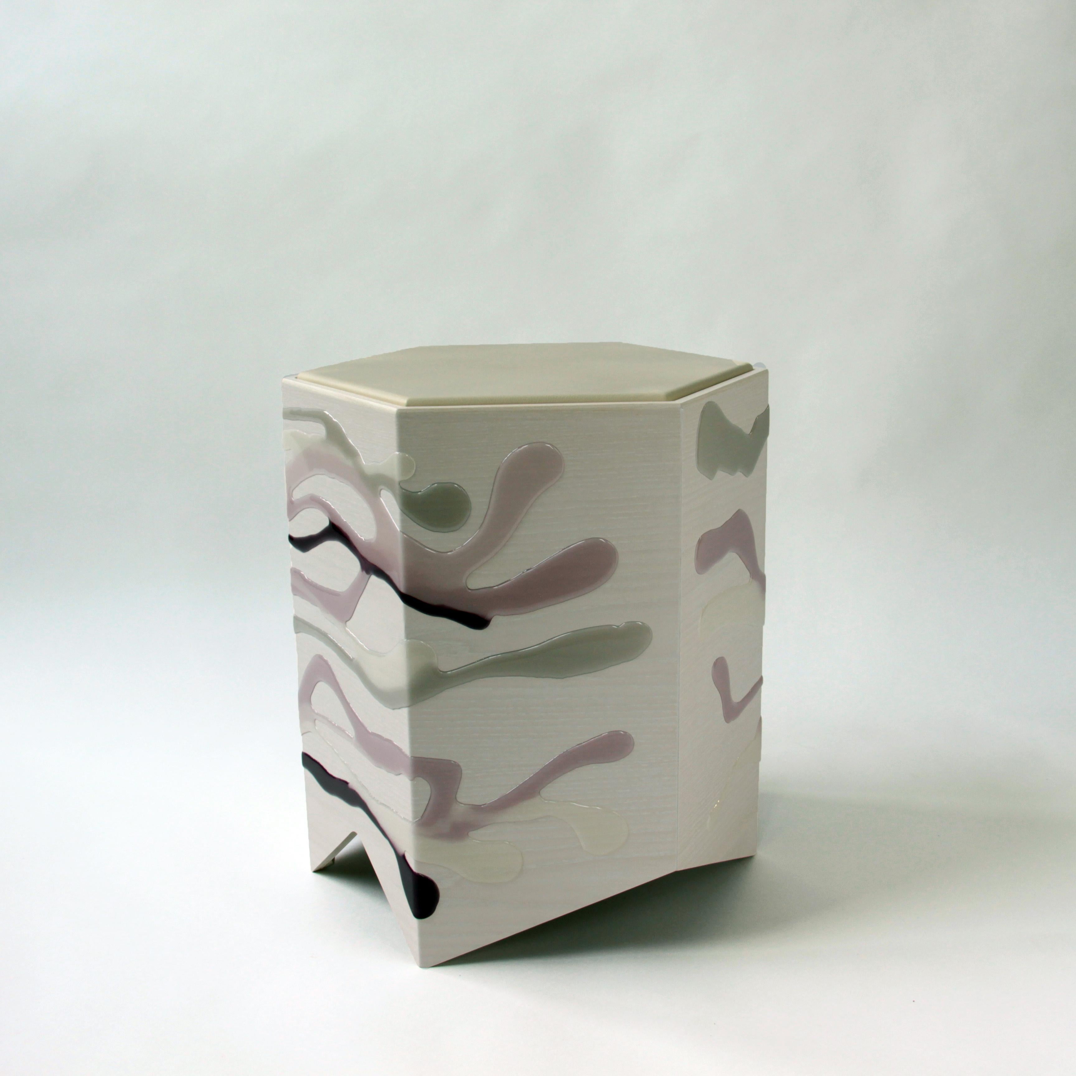 American Custom Drip/Fold Side Table, Ash Plywood with Lavender Resin and Leather Top For Sale
