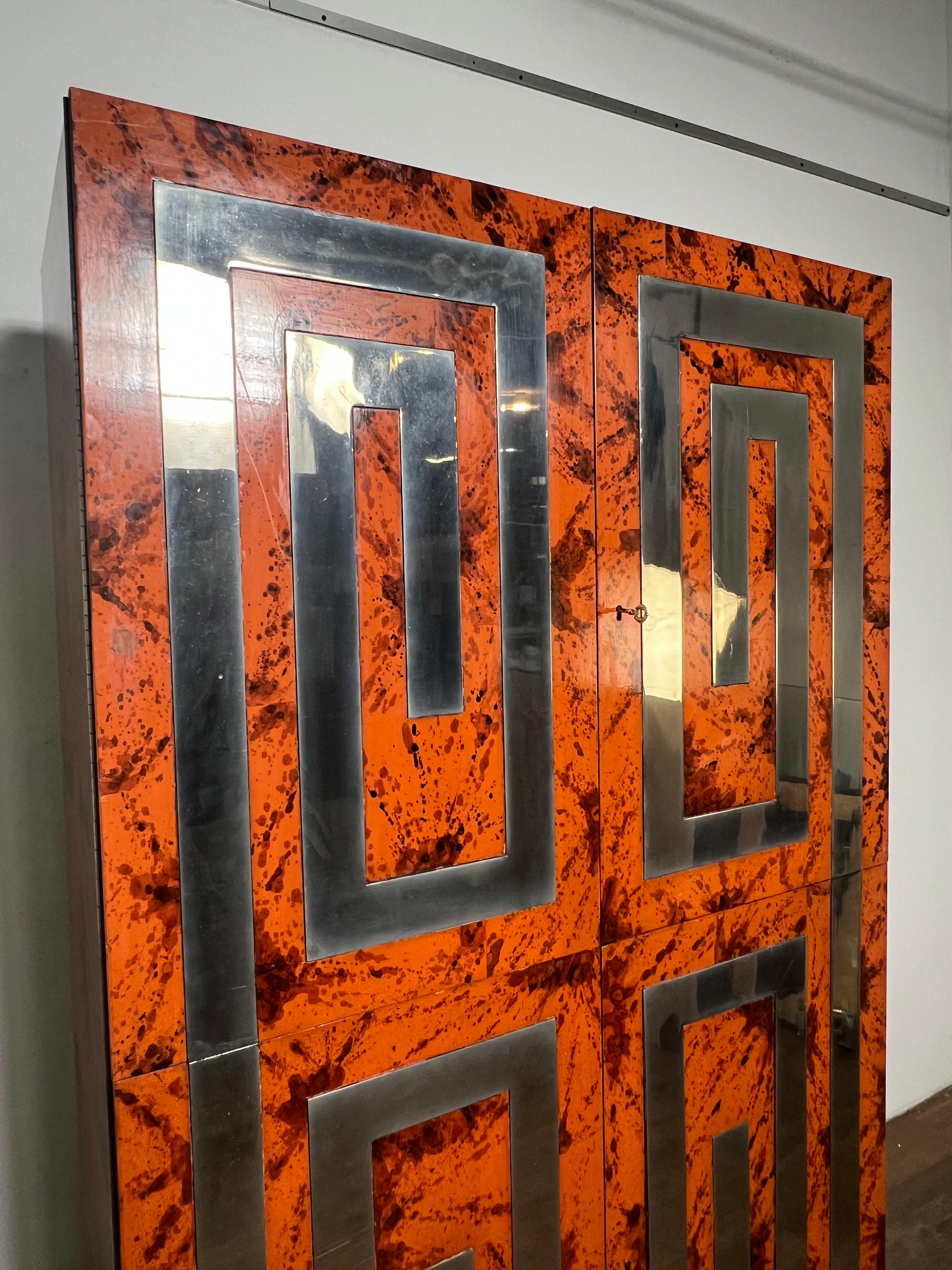 Mid-Century Modern Custom Dry Bar Cabinet in Tortoiseshell Lacquer With Greek Key Motif Circa 1970s For Sale
