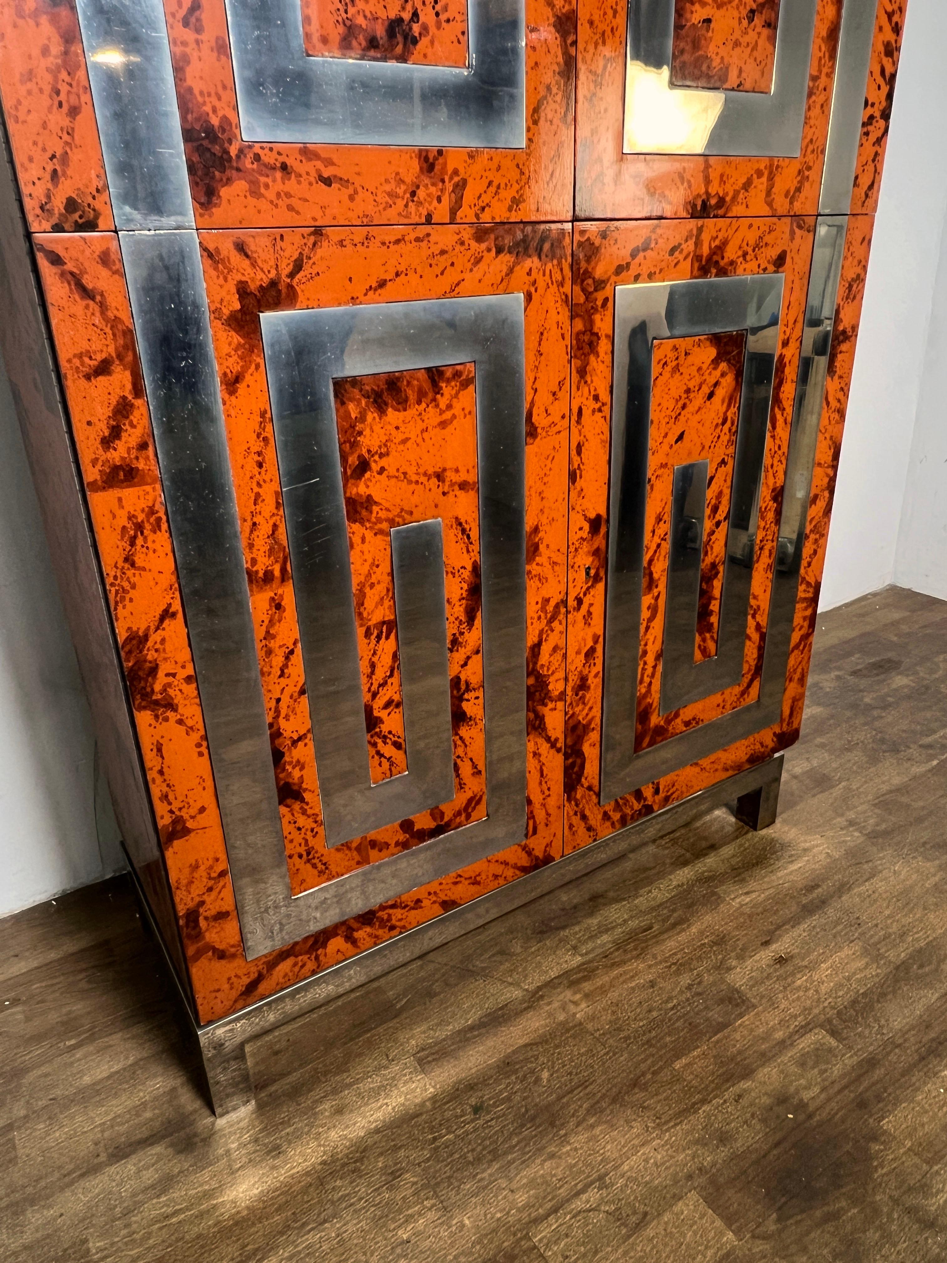 American Custom Dry Bar Cabinet in Tortoiseshell Lacquer With Greek Key Motif Circa 1970s For Sale