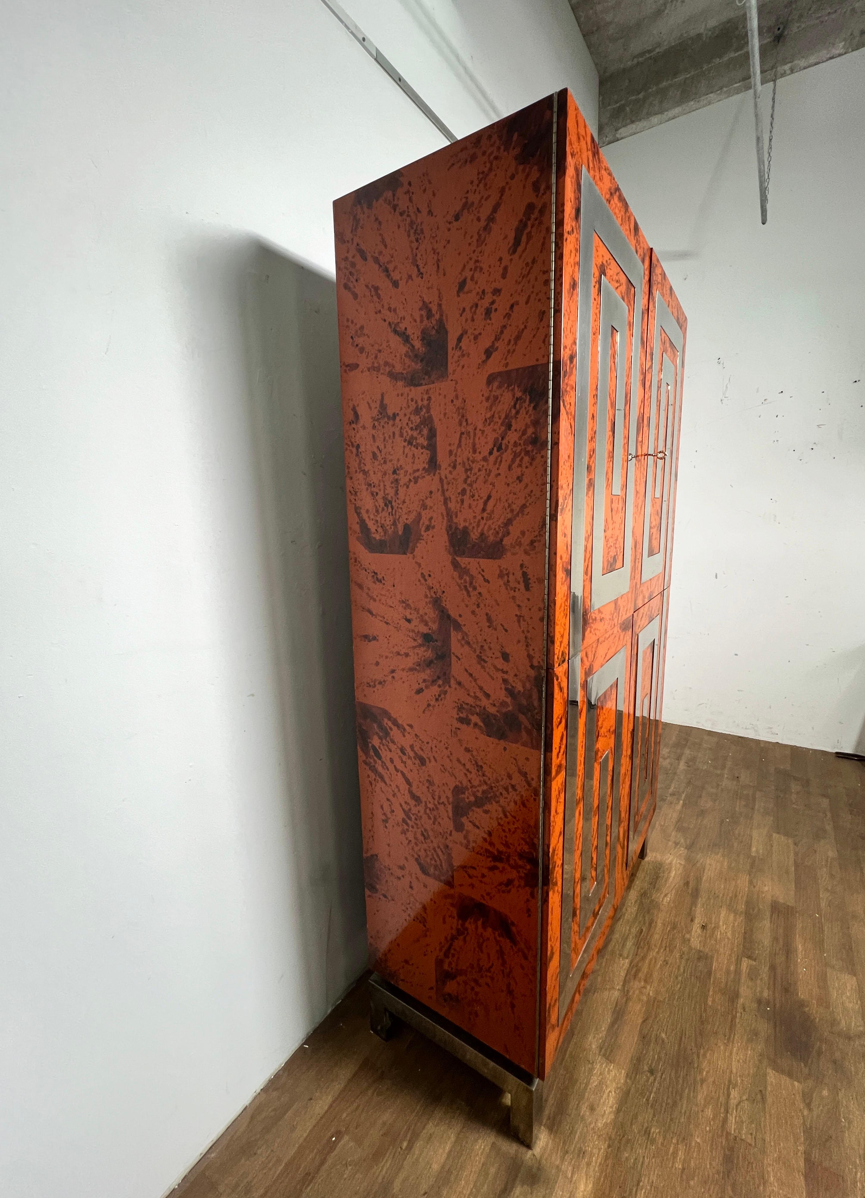 Custom Dry Bar Cabinet in Tortoiseshell Lacquer With Greek Key Motif Circa 1970s In Good Condition For Sale In Peabody, MA