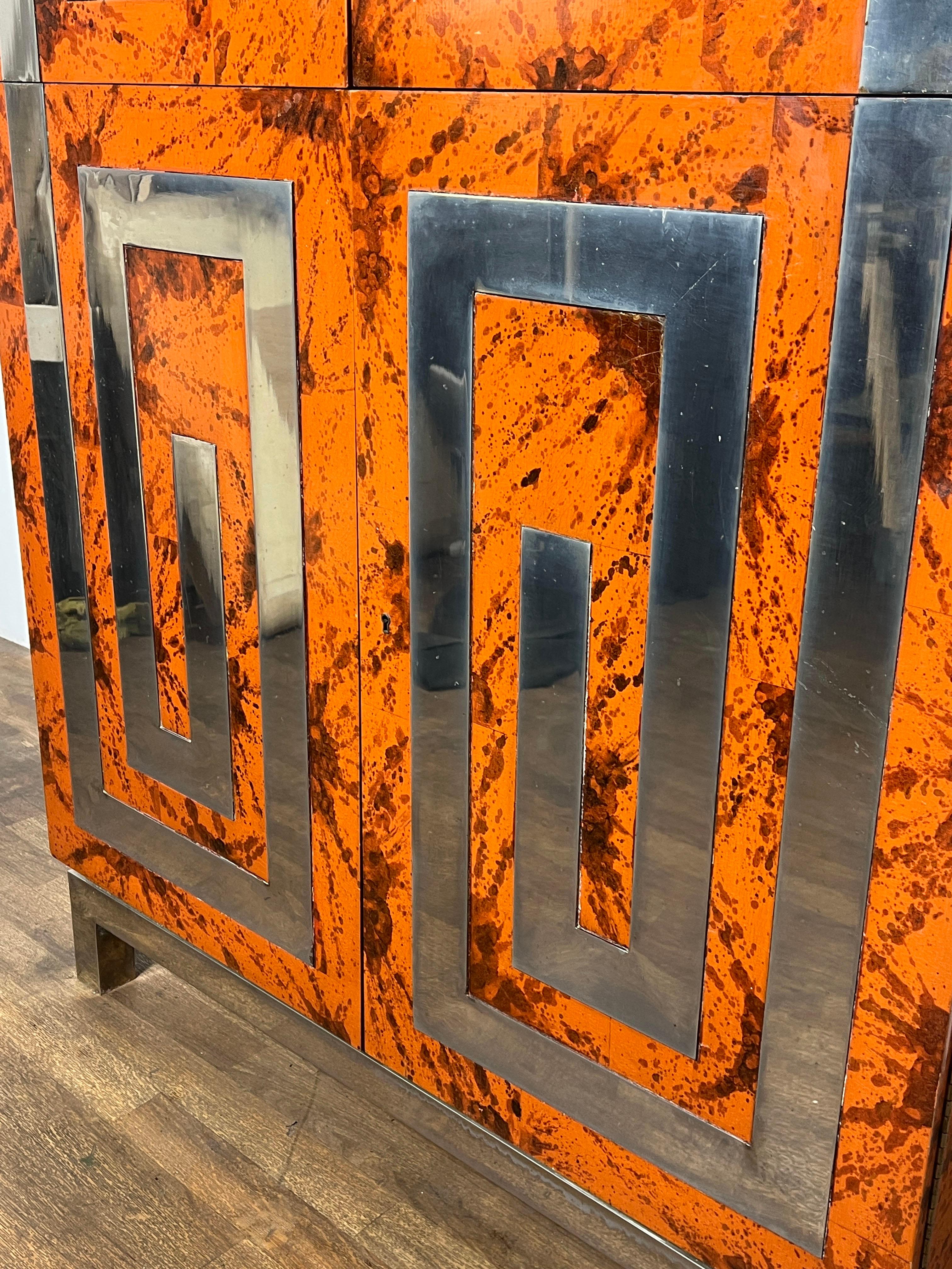 Custom Dry Bar Cabinet in Tortoiseshell Lacquer With Greek Key Motif Circa 1970s For Sale 1