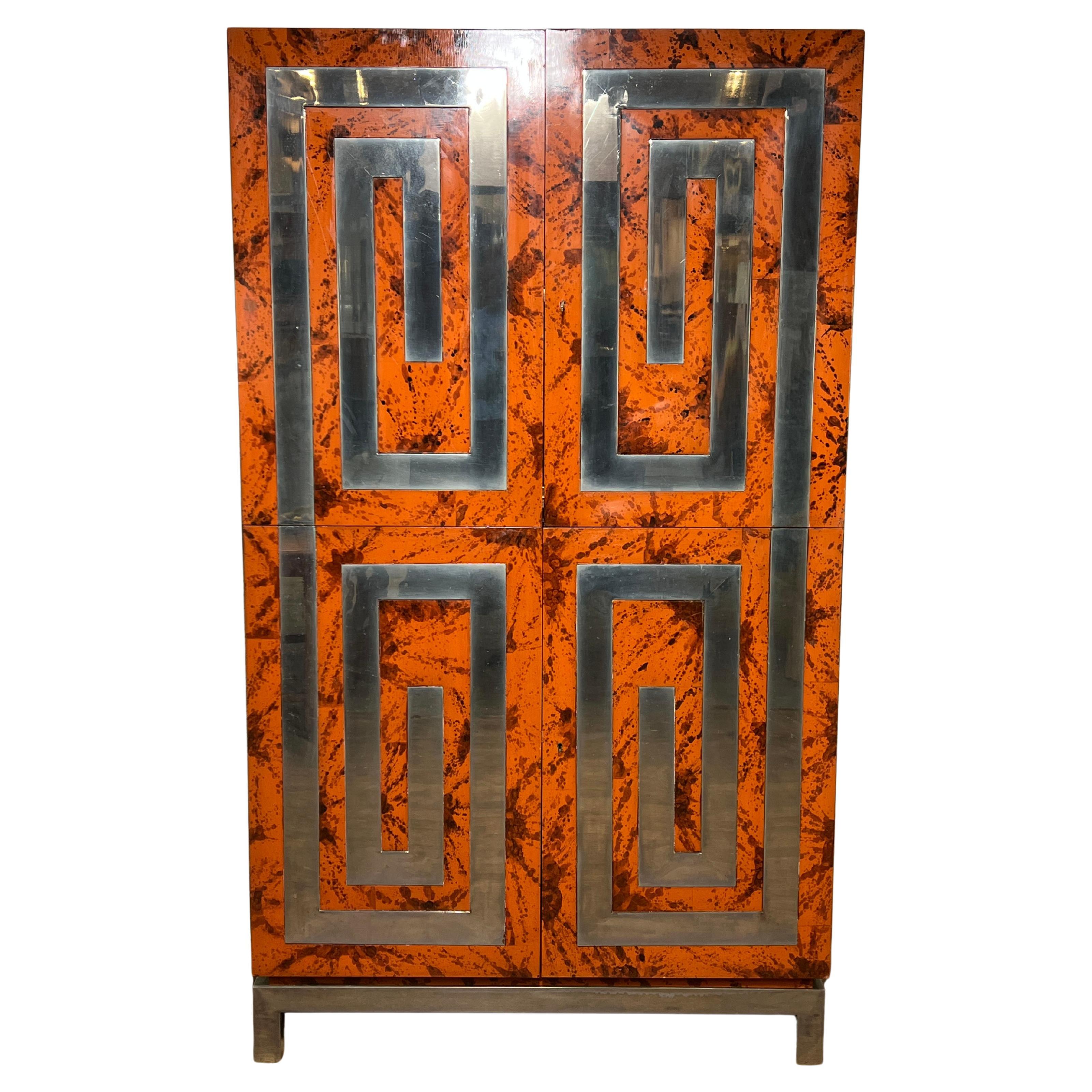 Custom Dry Bar Cabinet in Tortoiseshell Lacquer With Greek Key Motif Circa 1970s For Sale
