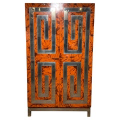 Custom Dry Bar Cabinet in Tortoiseshell Lacquer With Greek Key Motif Circa 1970s