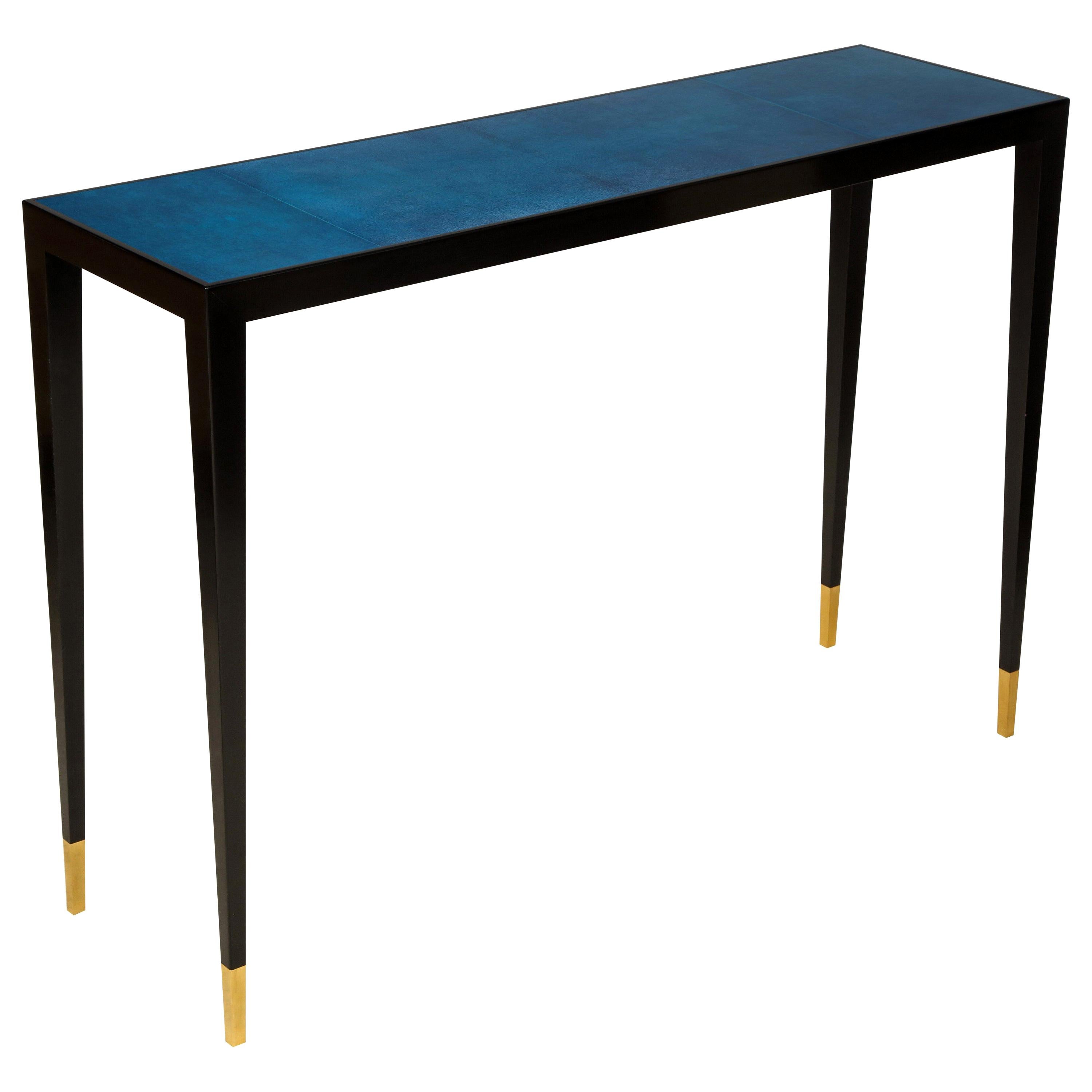 Console ébonisée sur mesure avec plateau en parchemin bleu