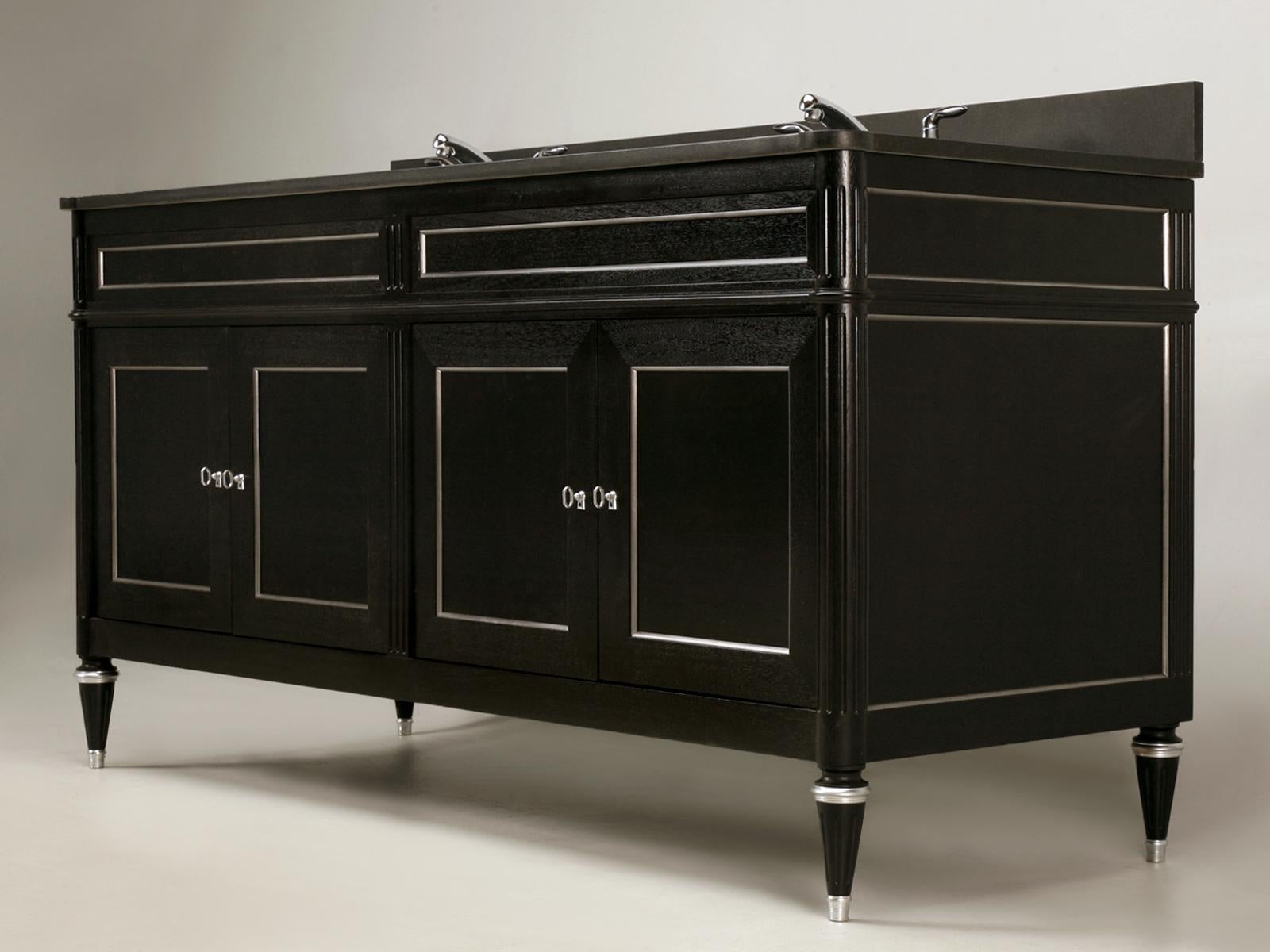 XXIe siècle et contemporain Ebonized Mahogany French Louis XVI Style Vanity with Silvered Trim in Any Size en vente