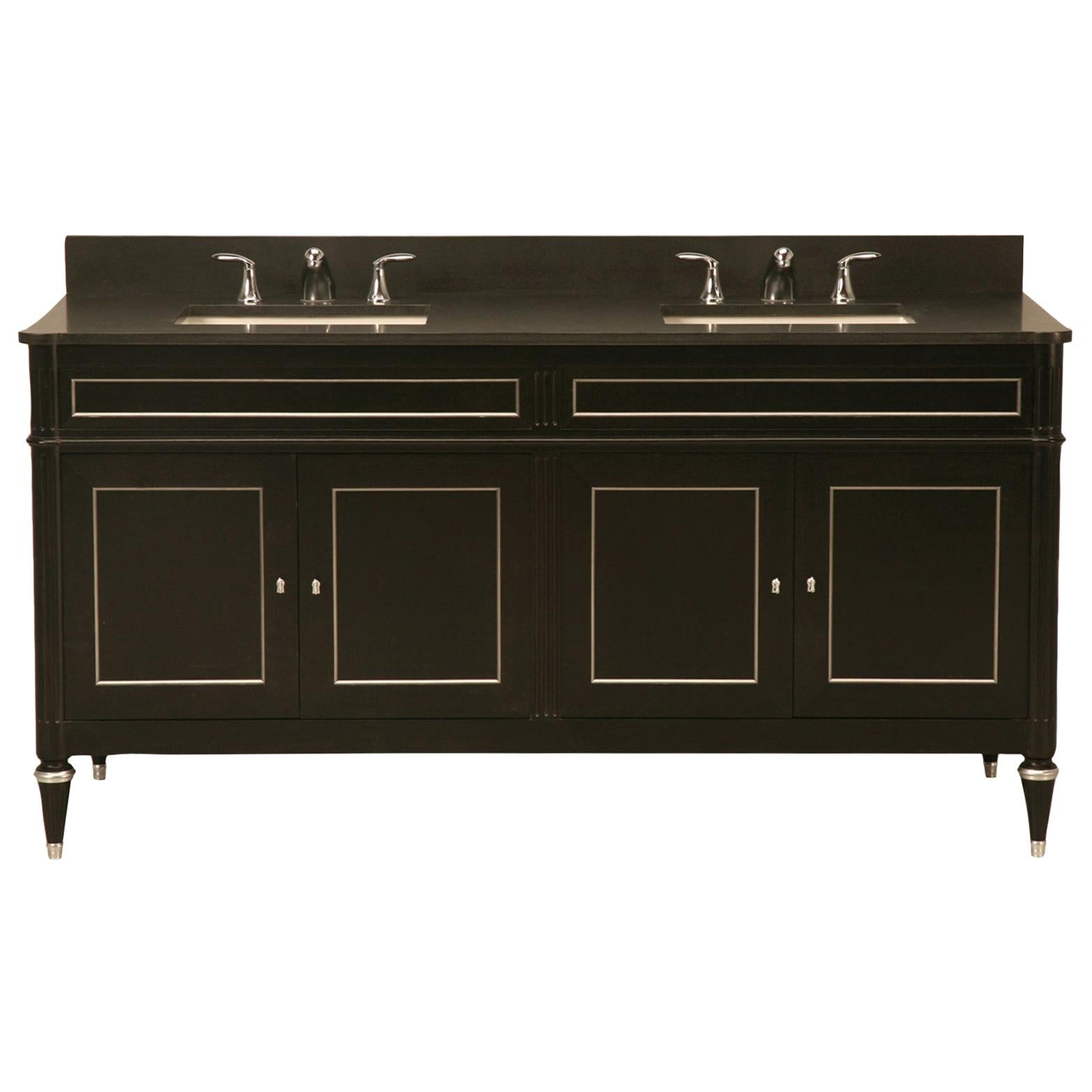 Ebonized Mahogany French Louis XVI Style Vanity with Silvered Trim in Any Size