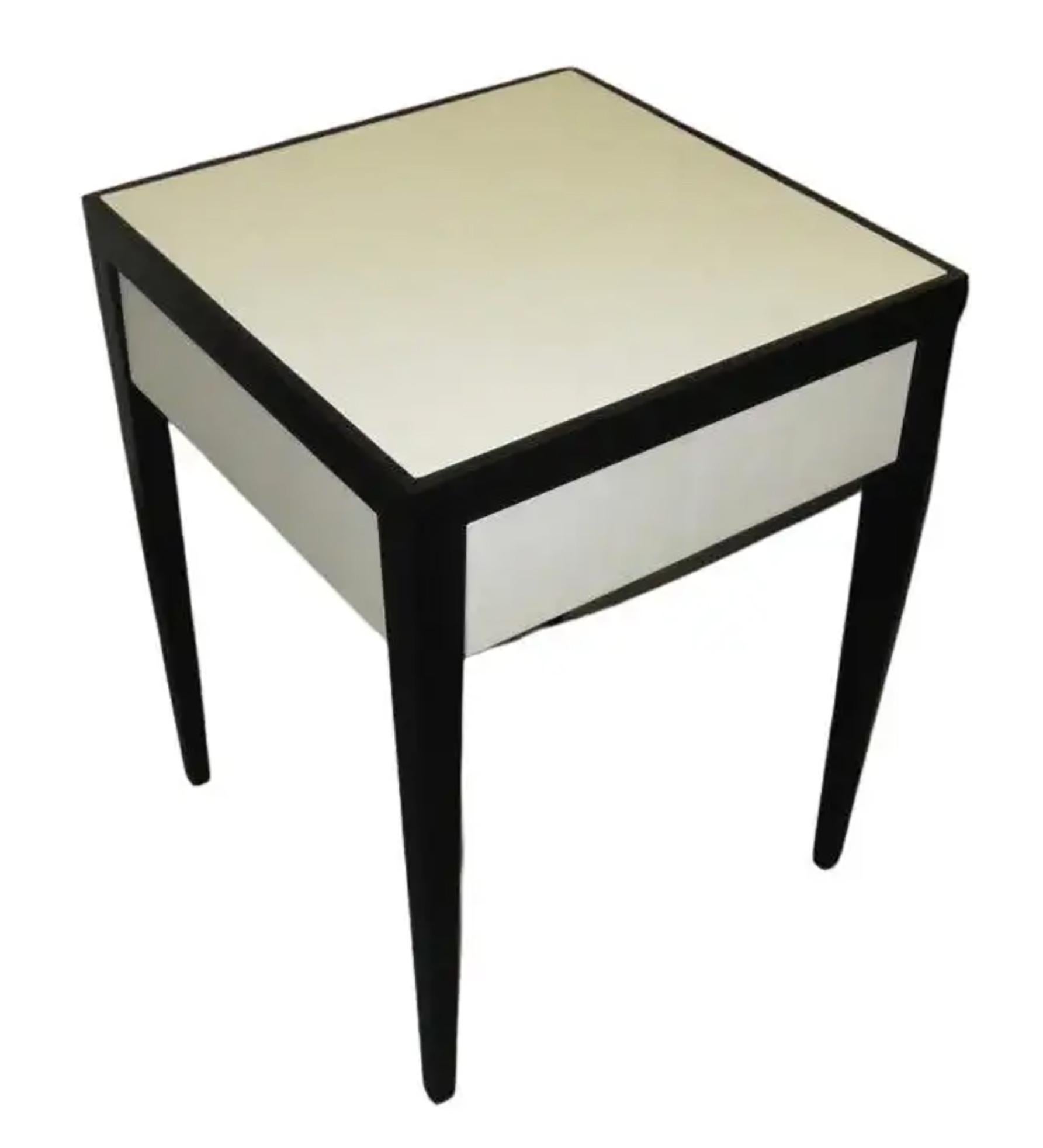 American Custom Ebonized Parchment End Table with Central Drawer For Sale