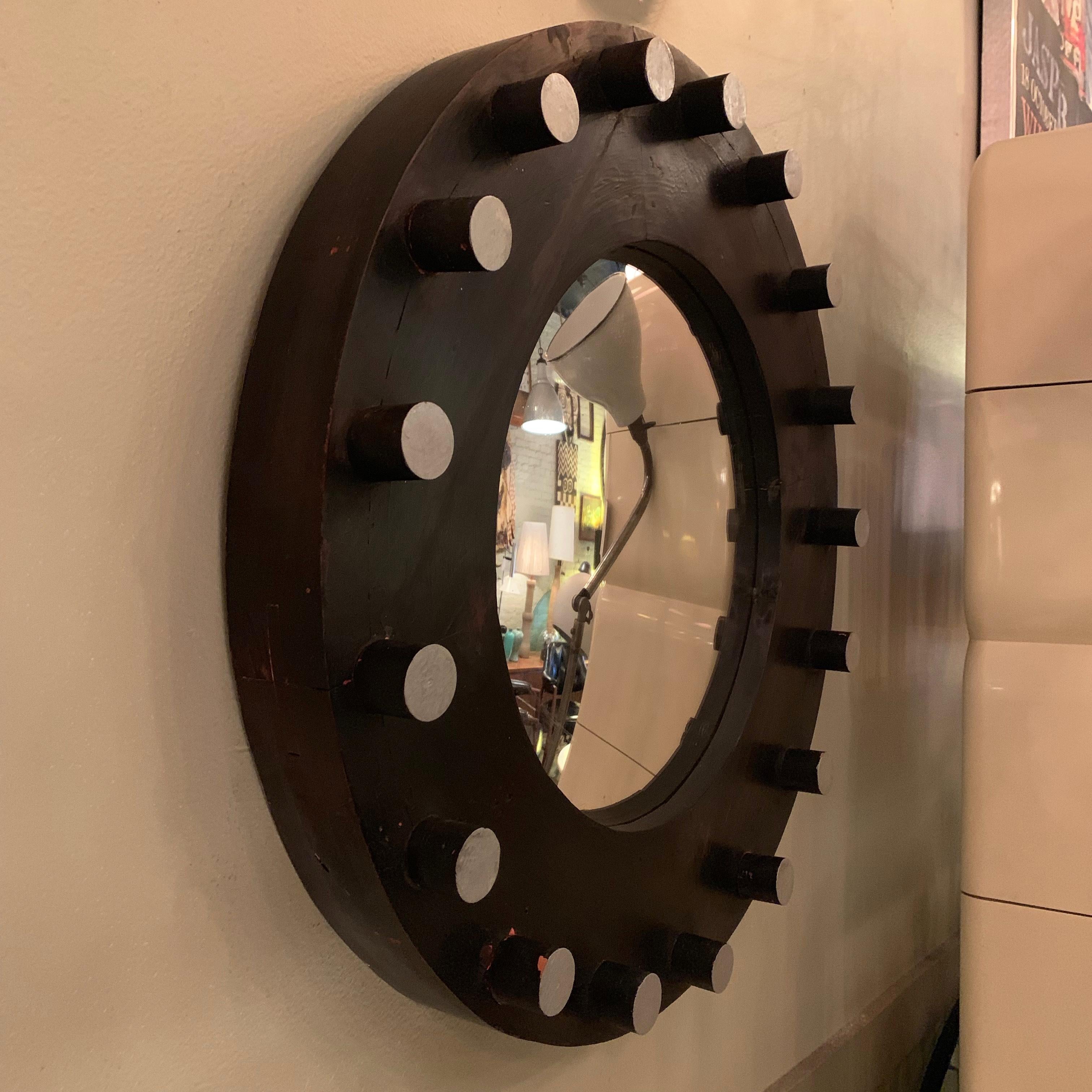 Industrial Custom Ebonized Pine Foundry Pattern Convex Mirror