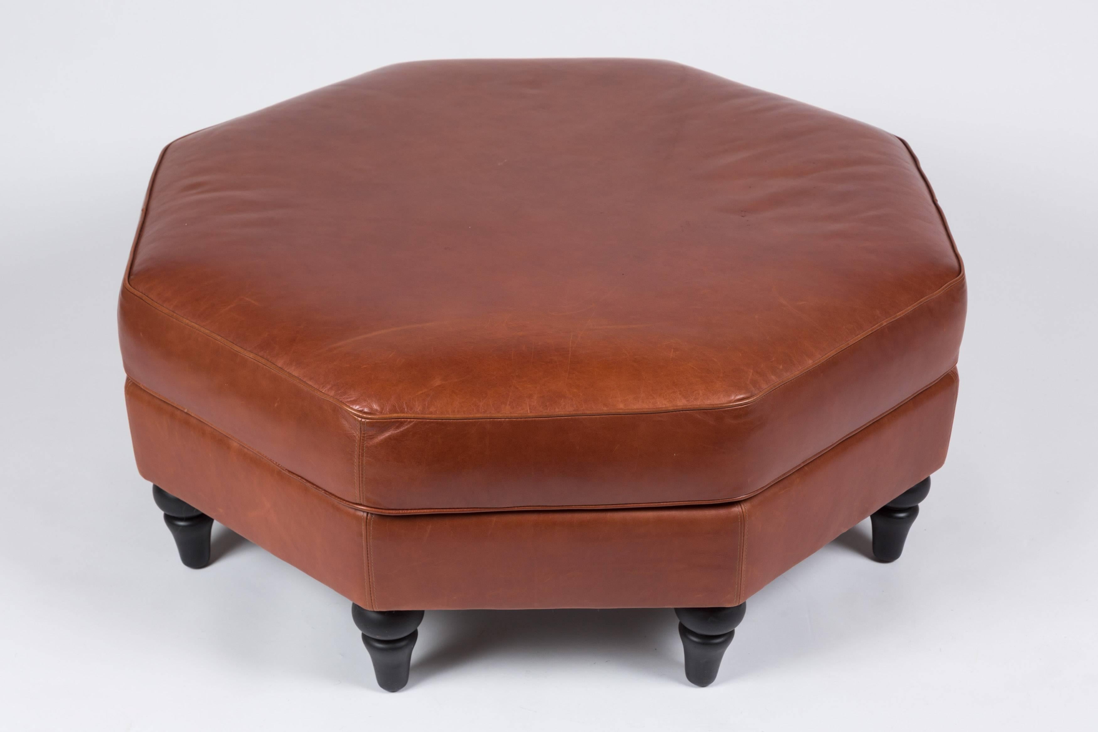 American Large Octagonal Cognac Leather Ottoman For Sale