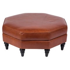 Large Octagonal Cognac Leather Ottoman