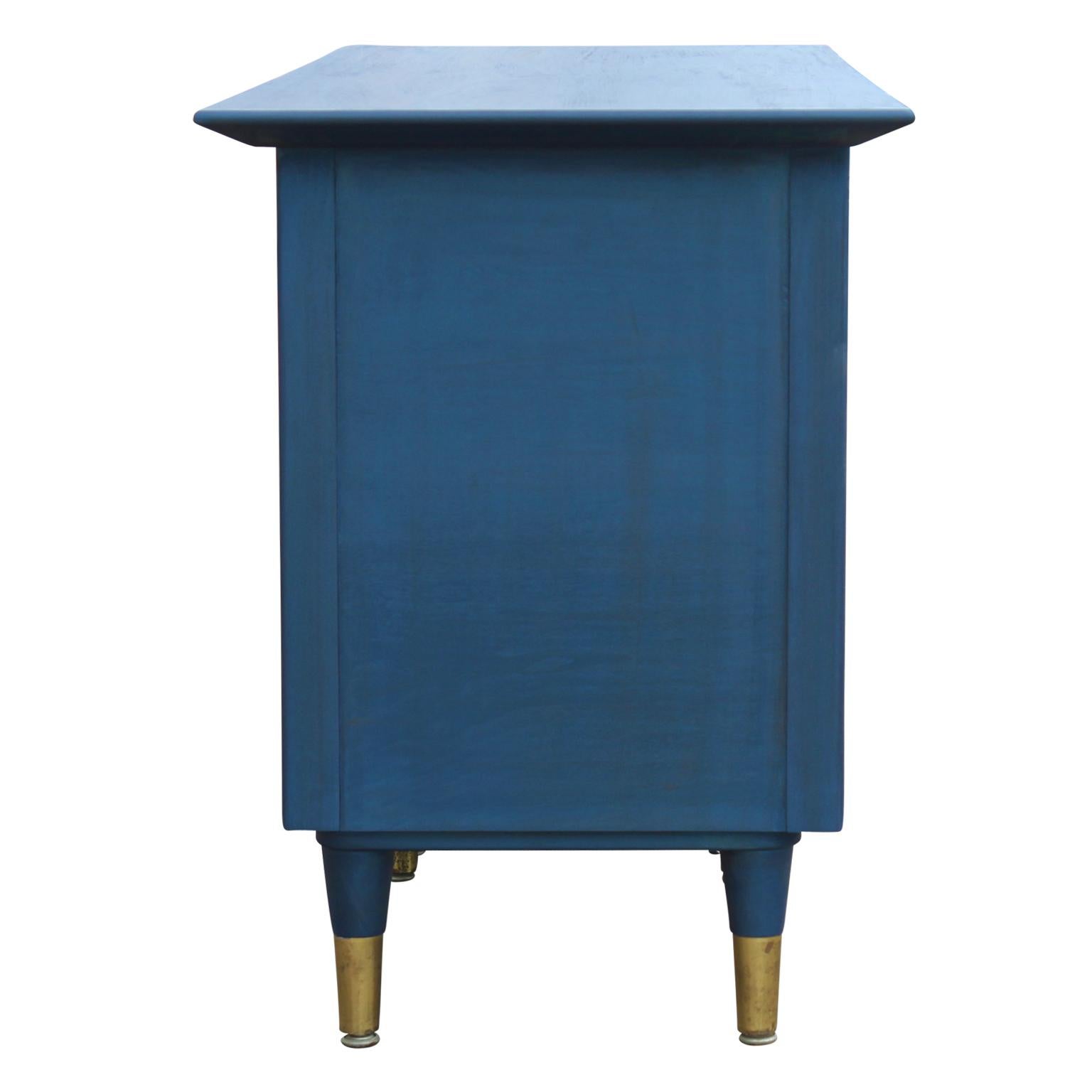 Mid-Century Modern Custom Eight-Drawer Restored Modern Blue Chest or Dresser with Brass Hardware