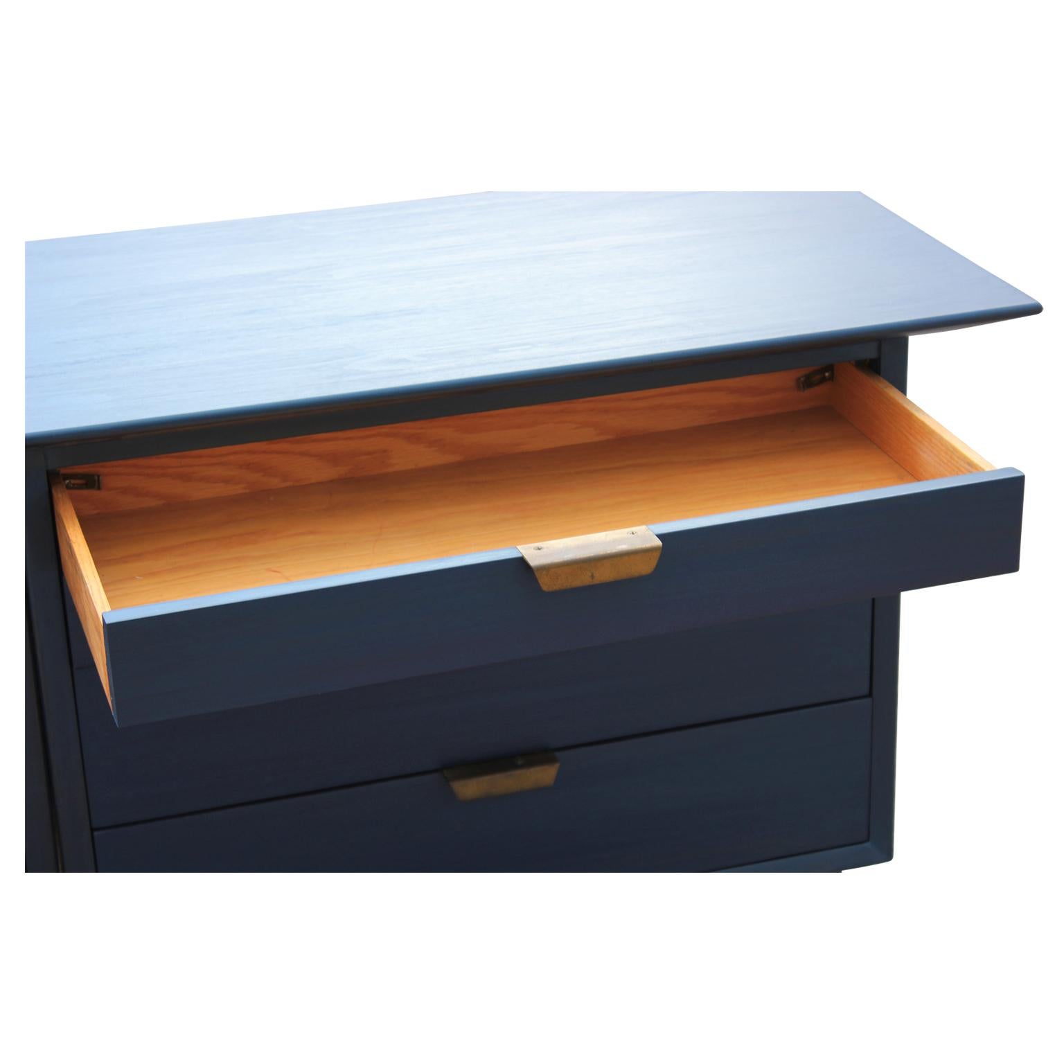 Custom Eight-Drawer Restored Modern Blue Chest or Dresser with Brass Hardware In Excellent Condition In Houston, TX