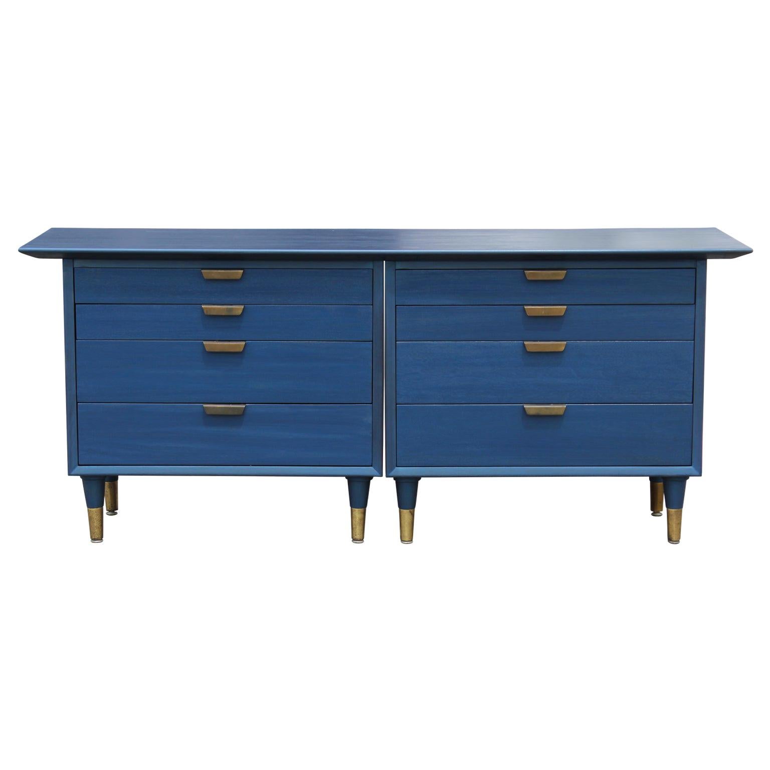 Custom Eight-Drawer Restored Modern Blue Chest or Dresser with Brass Hardware