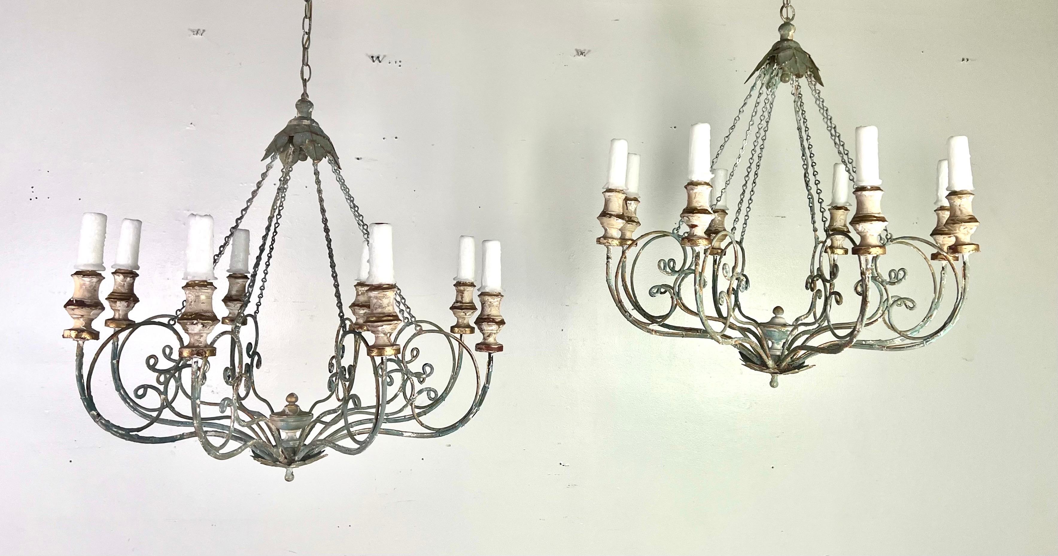 Custom Eight Light Wood & Iron Painted Chandelier by Melissa Levinson For Sale 6