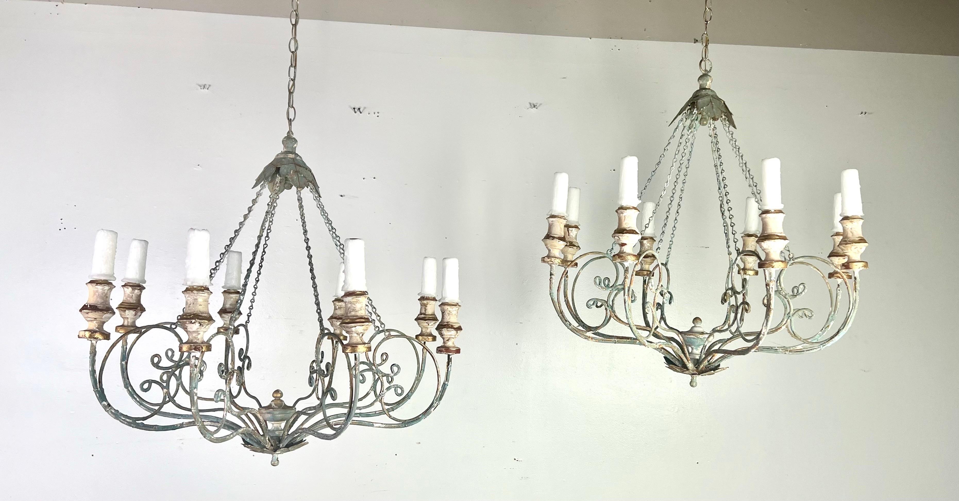 Custom Eight Light Wood & Iron Painted Chandelier by Melissa Levinson For Sale 7