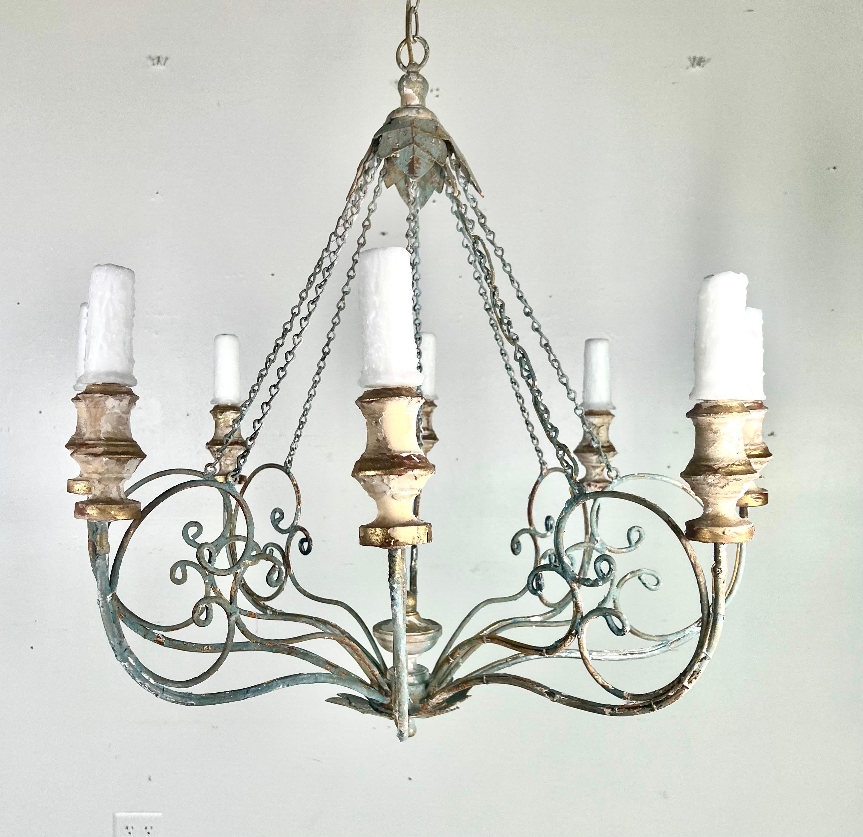 Rococo Custom Eight Light Wood & Iron Painted Chandelier by Melissa Levinson For Sale