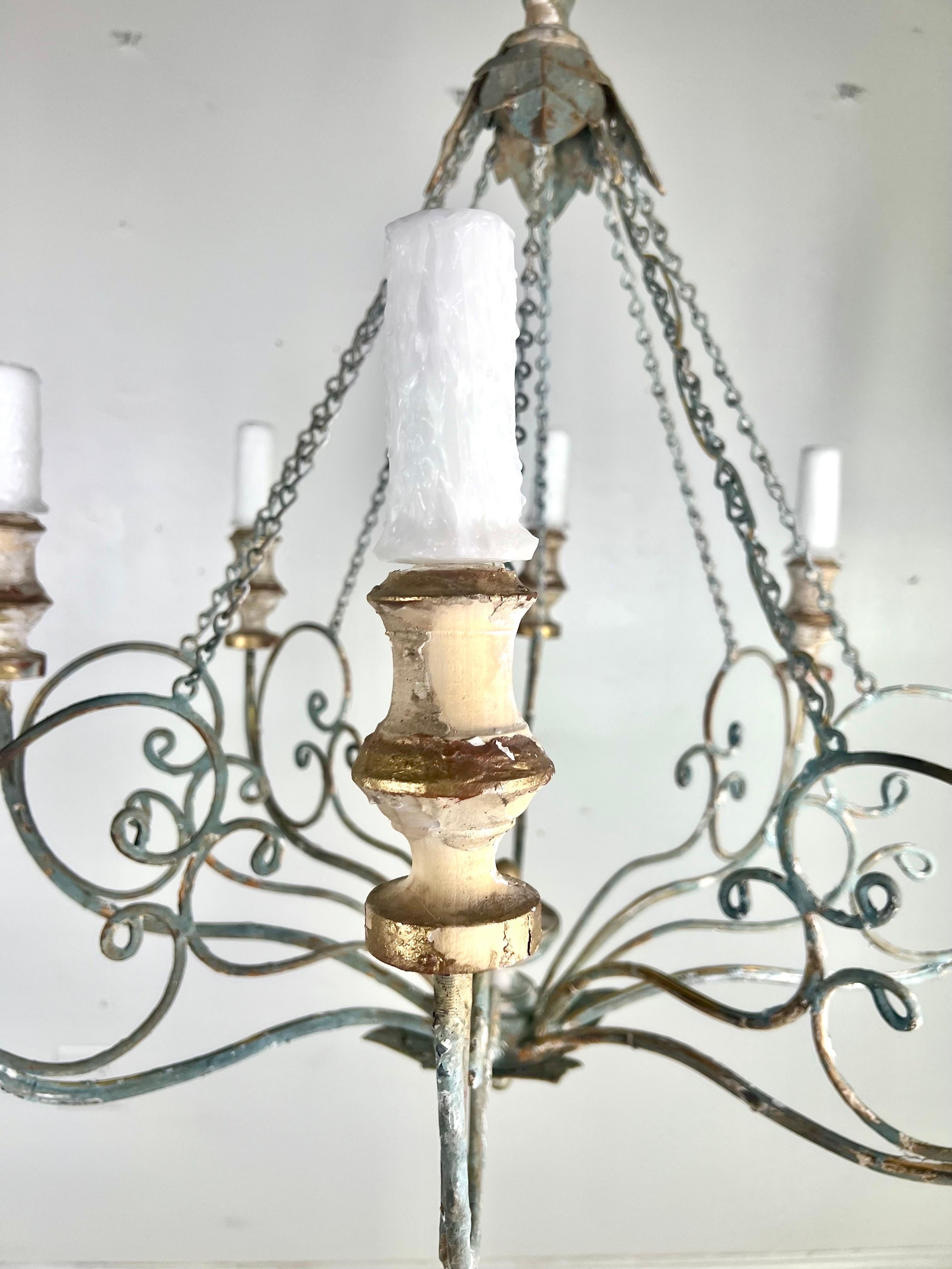 American Custom Eight Light Wood & Iron Painted Chandelier by Melissa Levinson For Sale