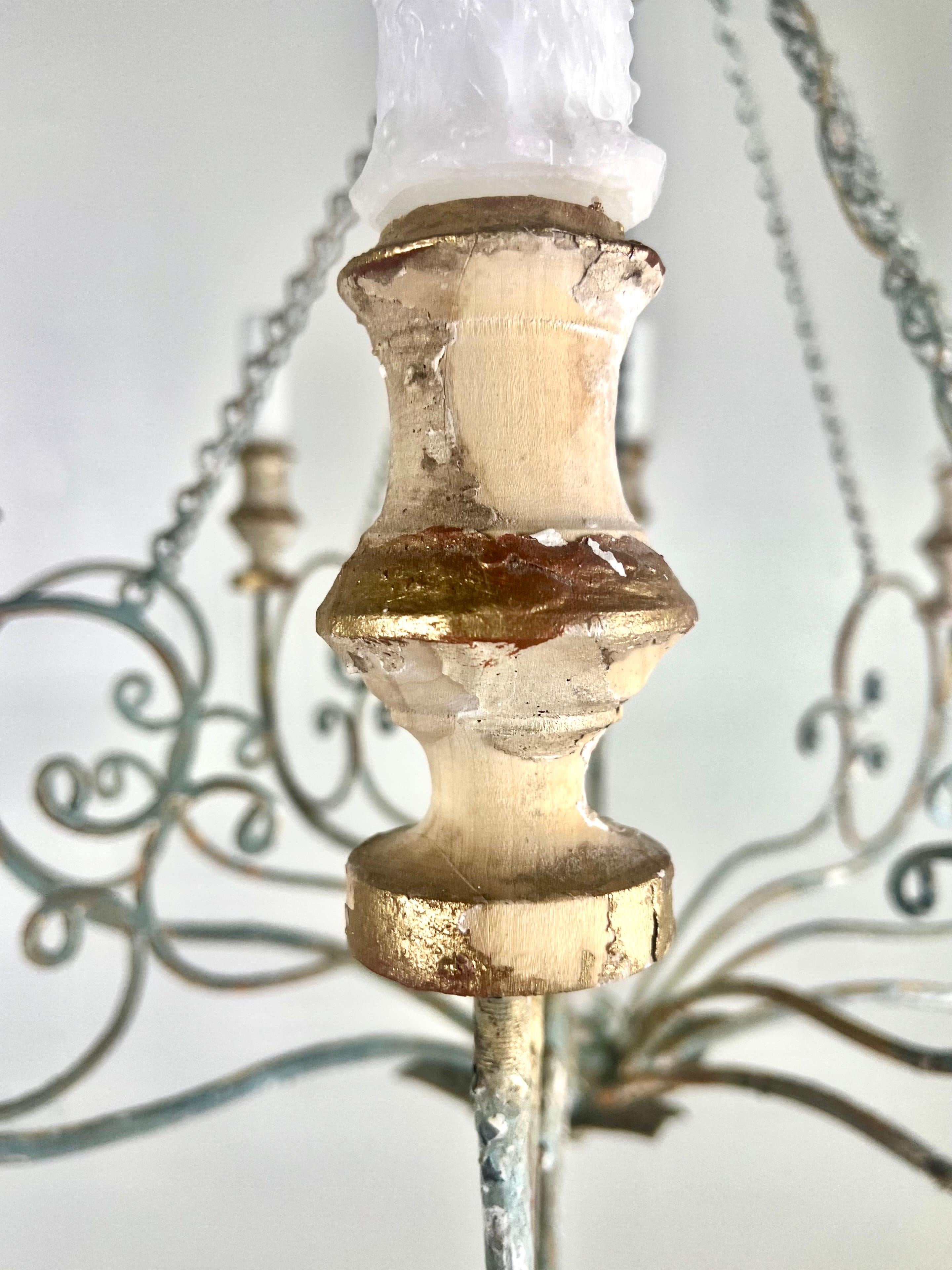 Custom Eight Light Wood & Iron Painted Chandelier by Melissa Levinson In Distressed Condition For Sale In Los Angeles, CA
