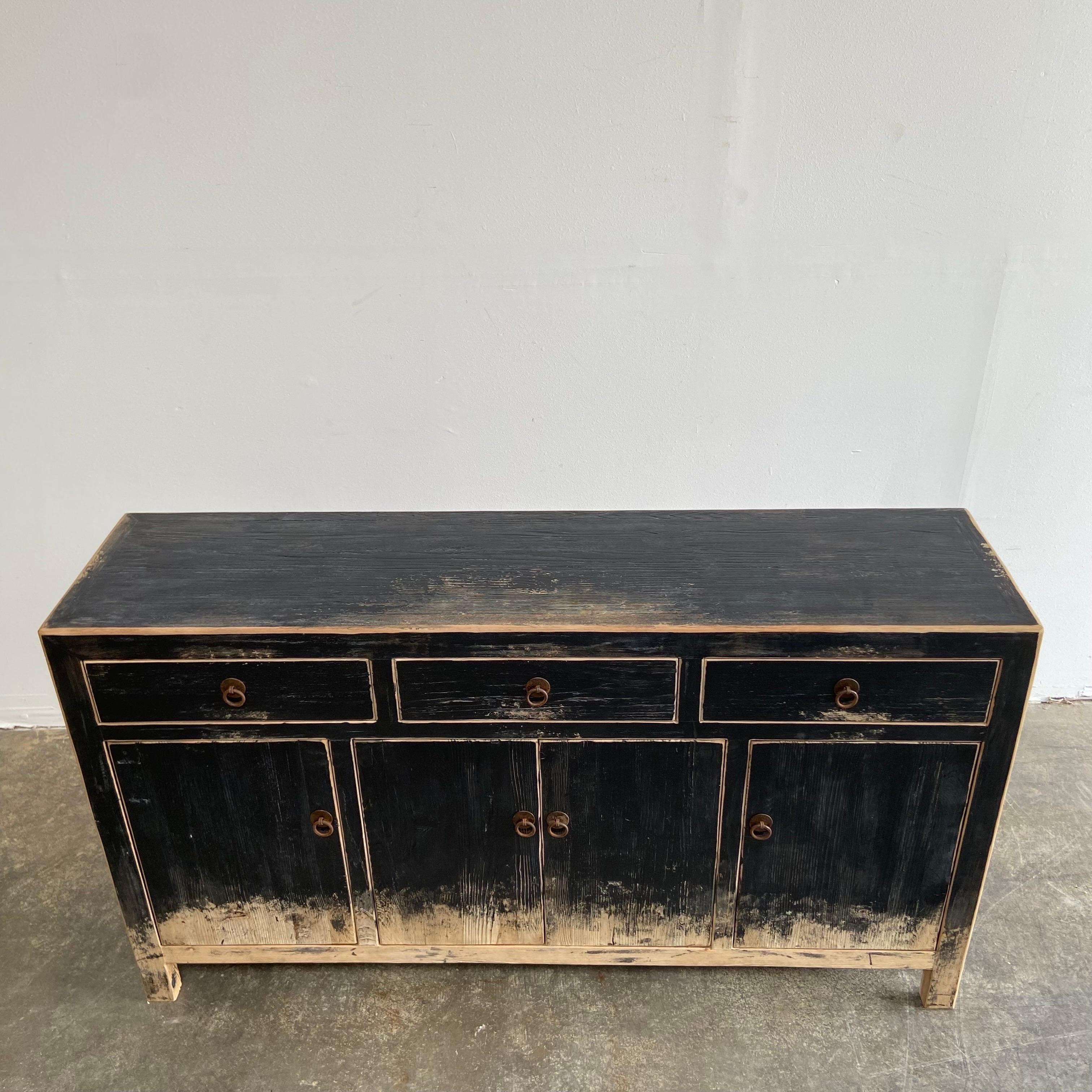 Custom Elm Wood Black Distressed Console Cabinet 1