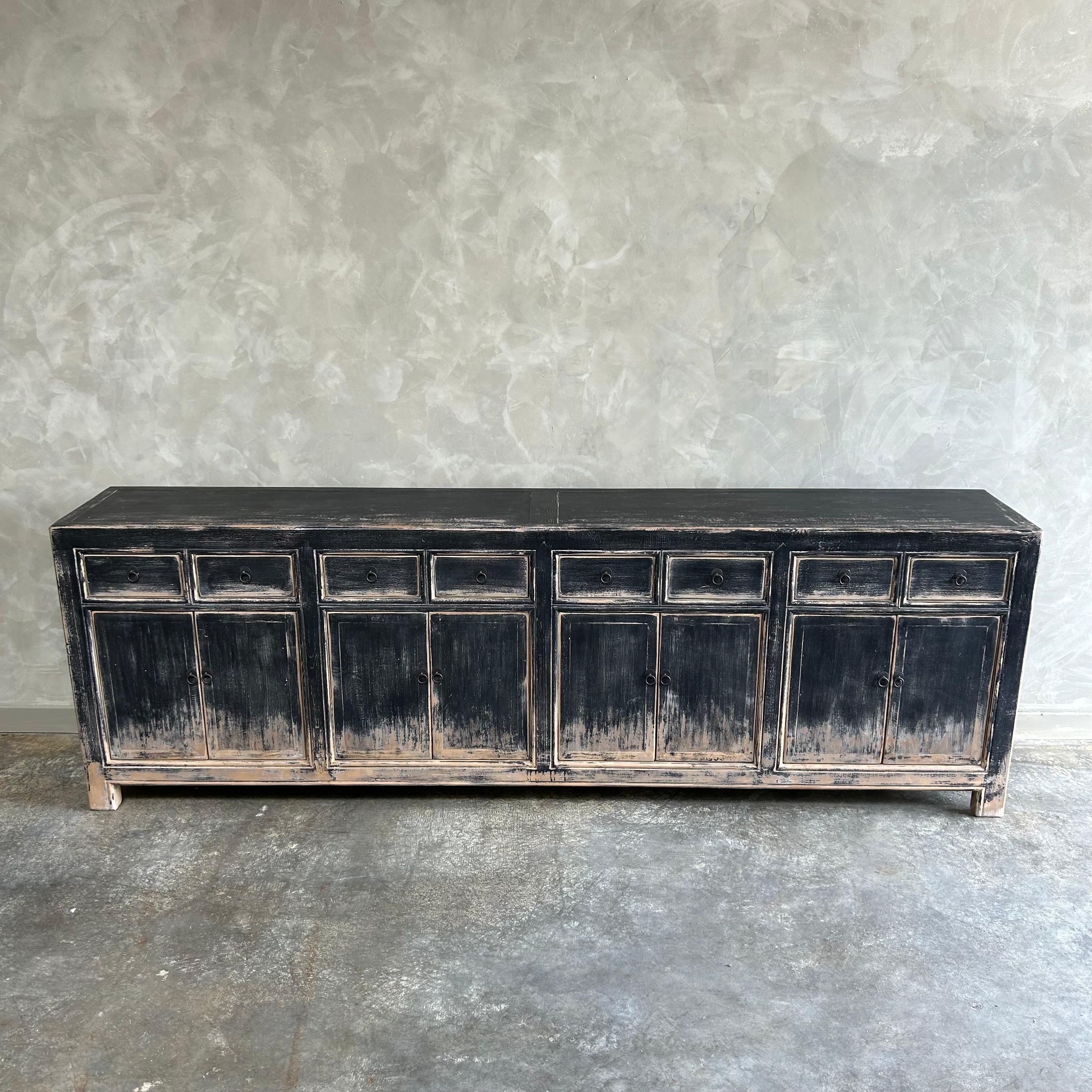 Custom Elm Wood Cabinet or Console in Black Distressed Finish In New Condition In Old Town Orange, CA