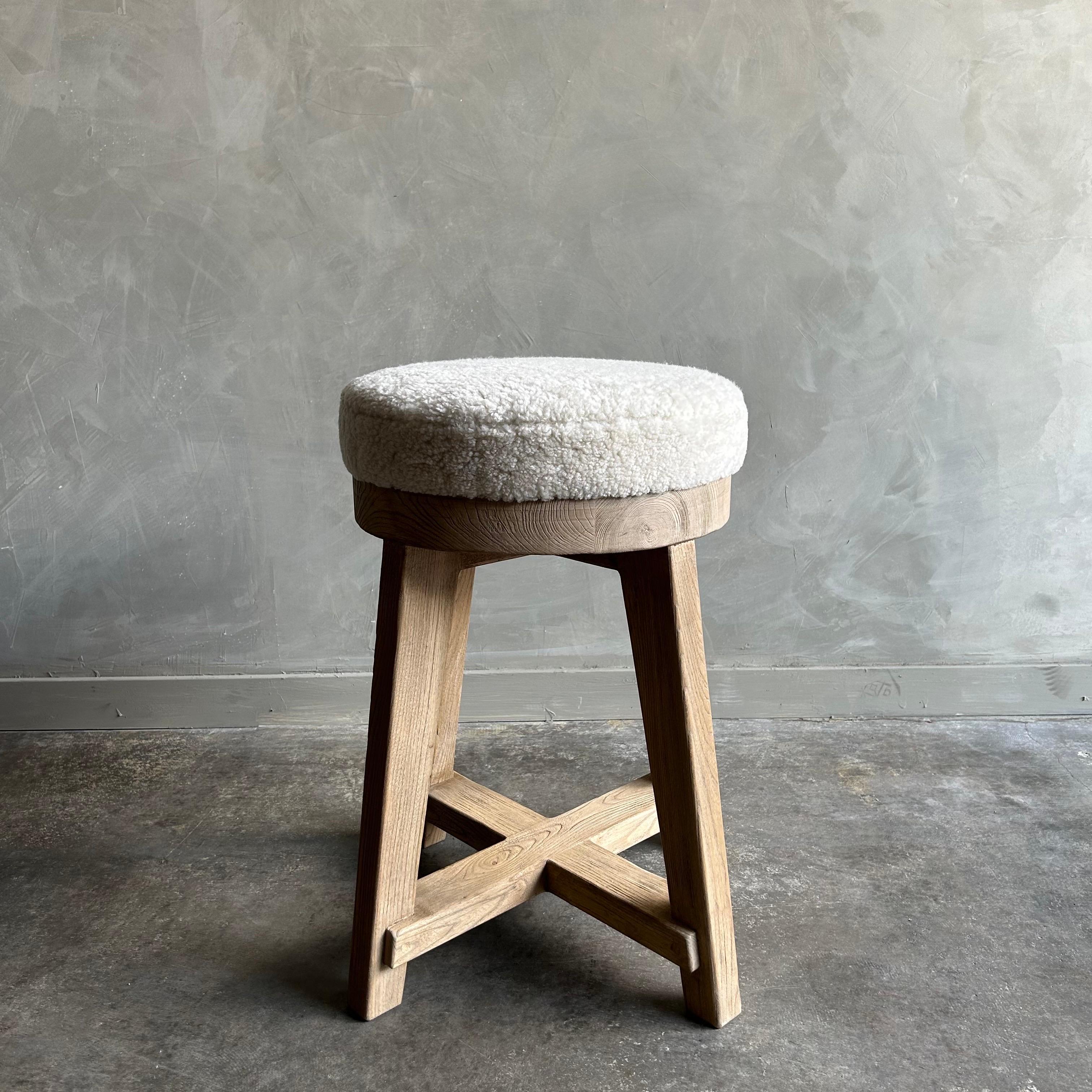 Custom Elm Wood Counter Stool with Upholstered Seat For Sale 4