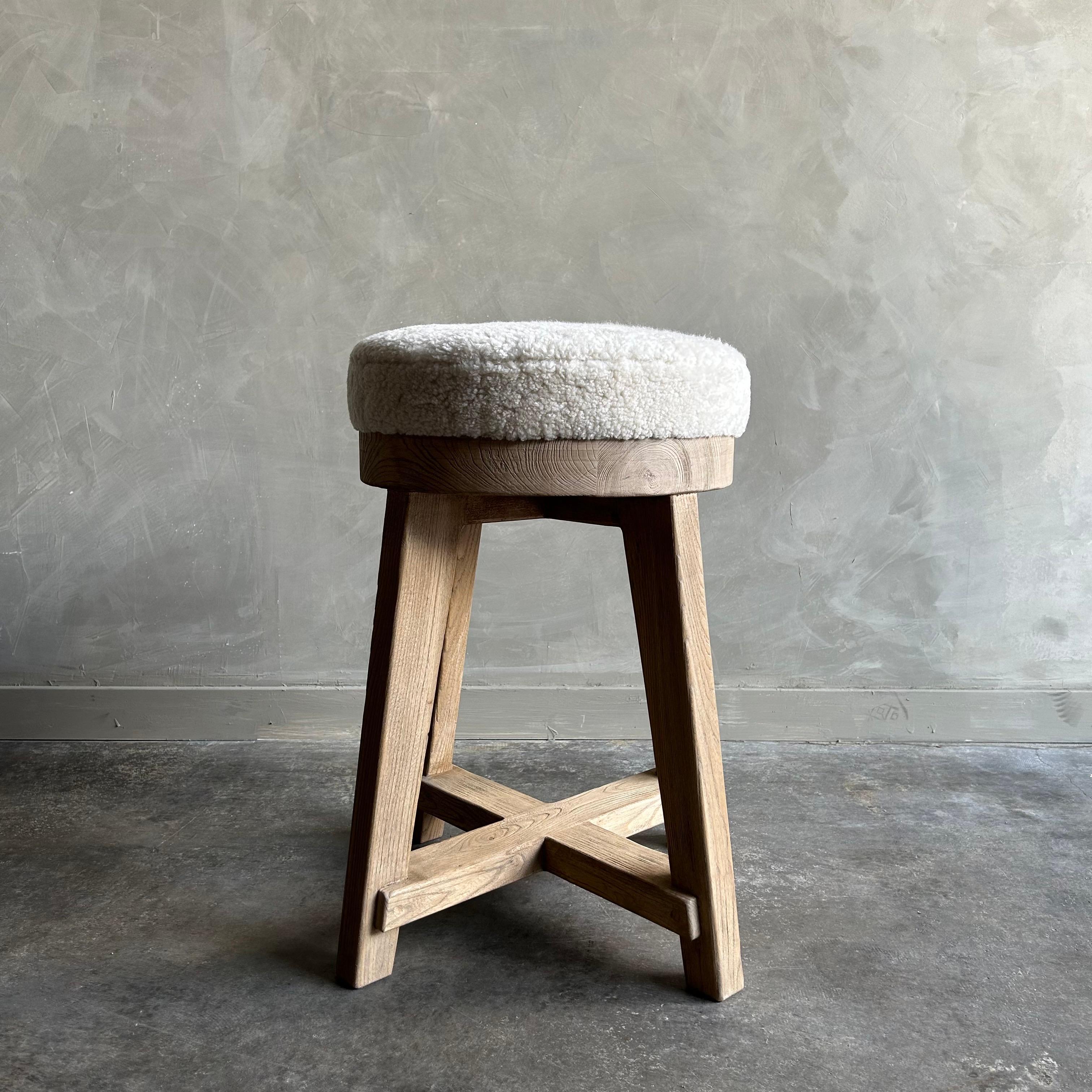 Organic Modern Custom Elm Wood Counter Stool with Upholstered Seat For Sale