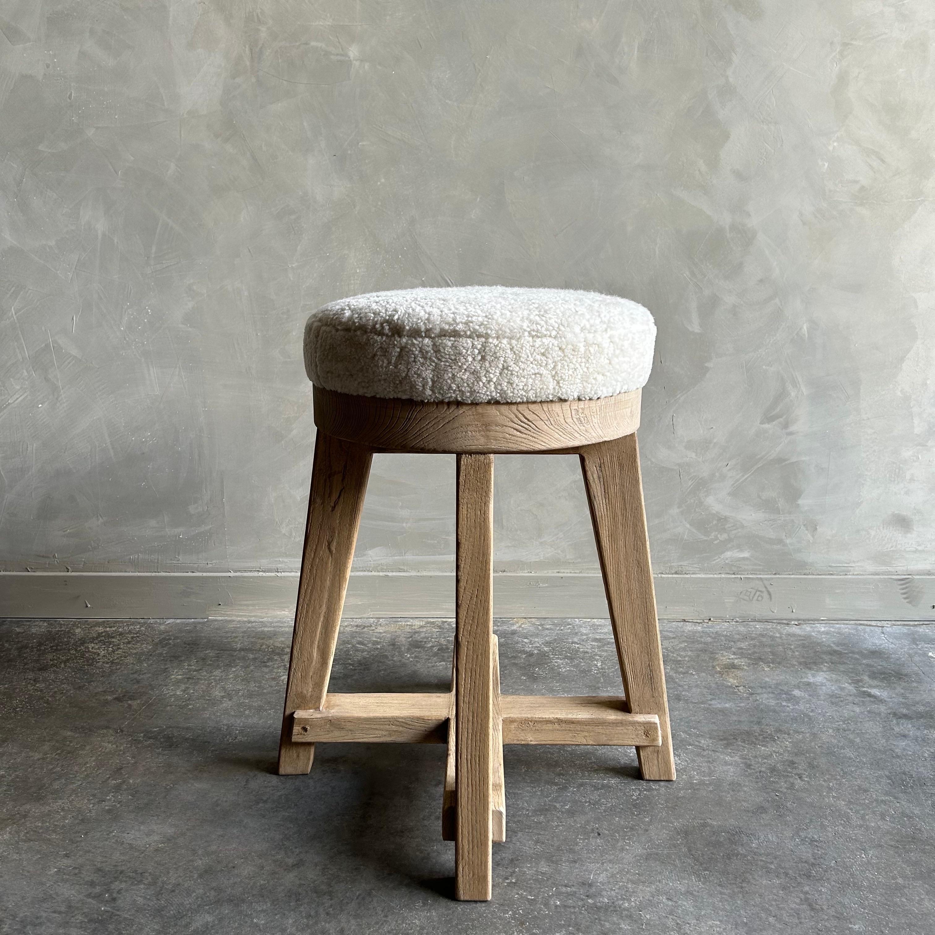 Custom Elm Wood Counter Stool with Upholstered Seat In New Condition For Sale In Brea, CA
