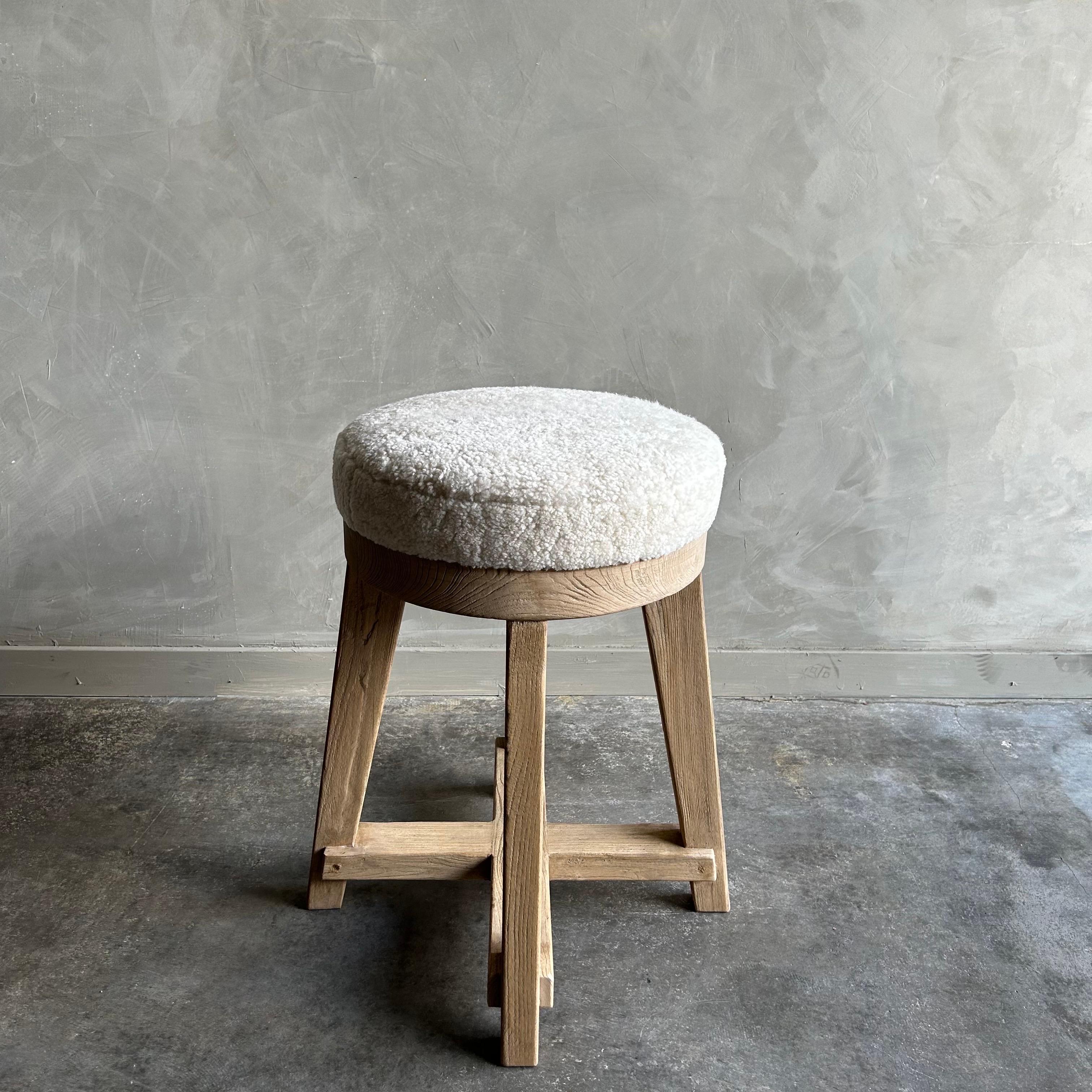 Contemporary Custom Elm Wood Counter Stool with Upholstered Seat For Sale