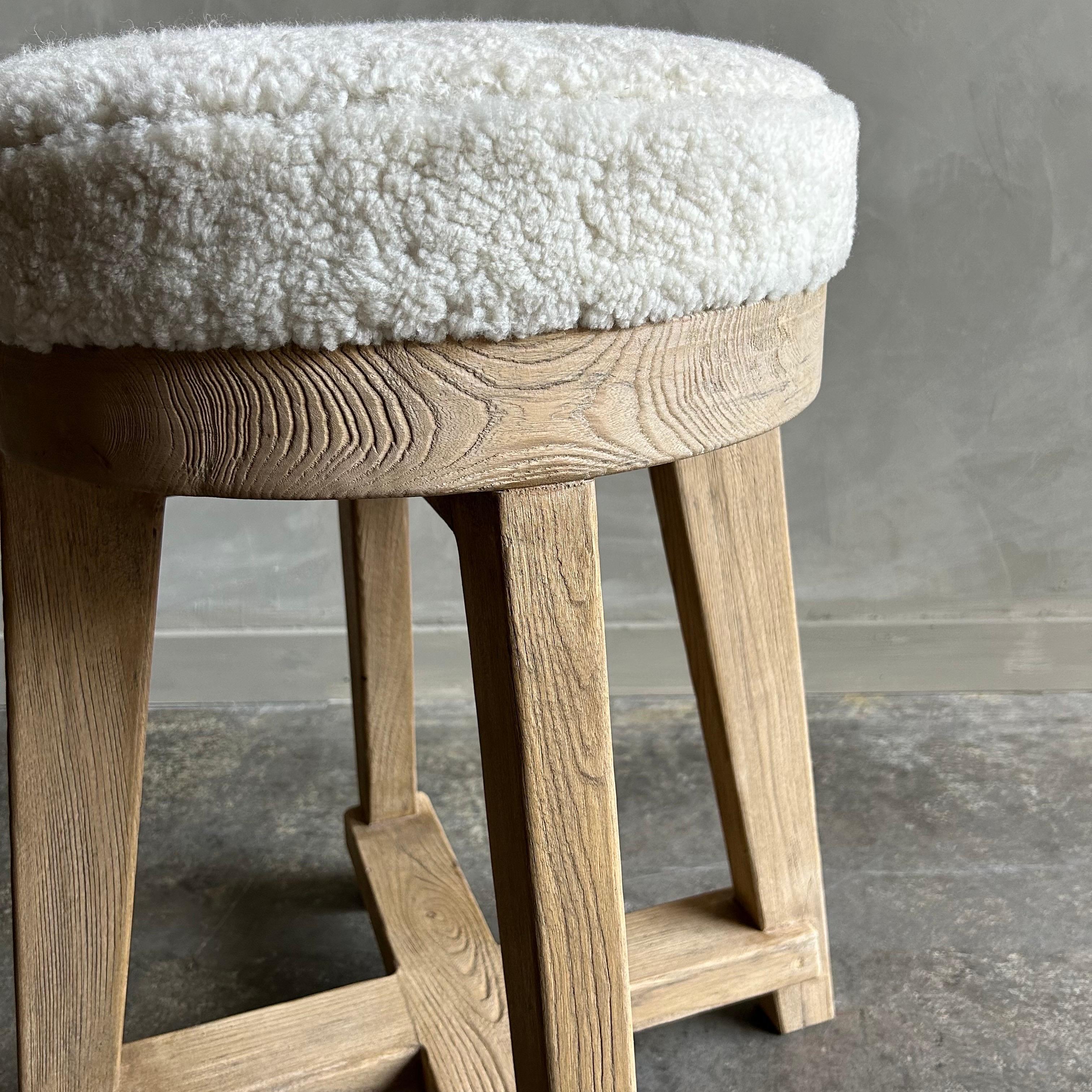 Custom Elm Wood Counter Stool with Upholstered Seat For Sale 3