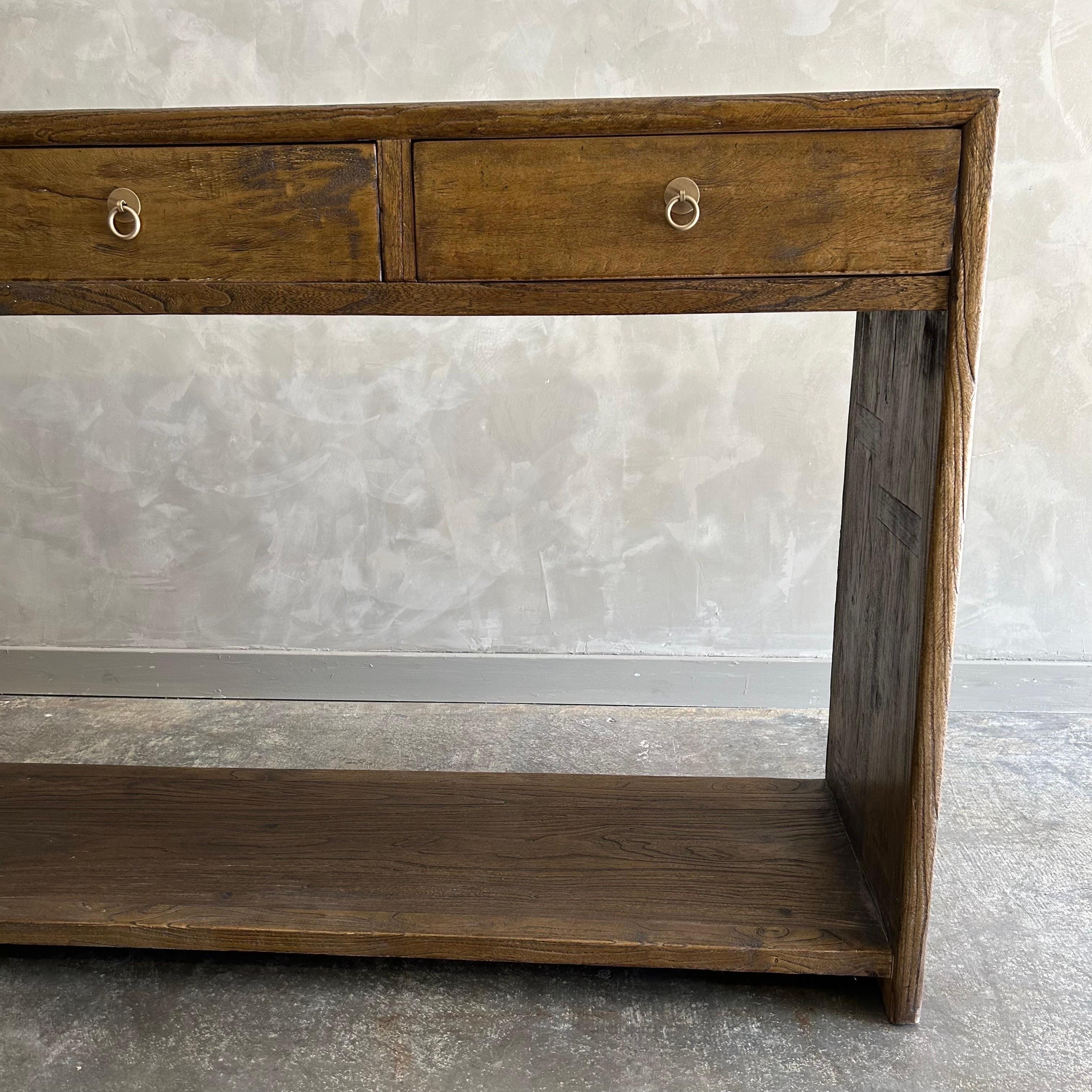 Custom Elm Wood Modern Console Table with Drawers in Dark Walnut For Sale 6
