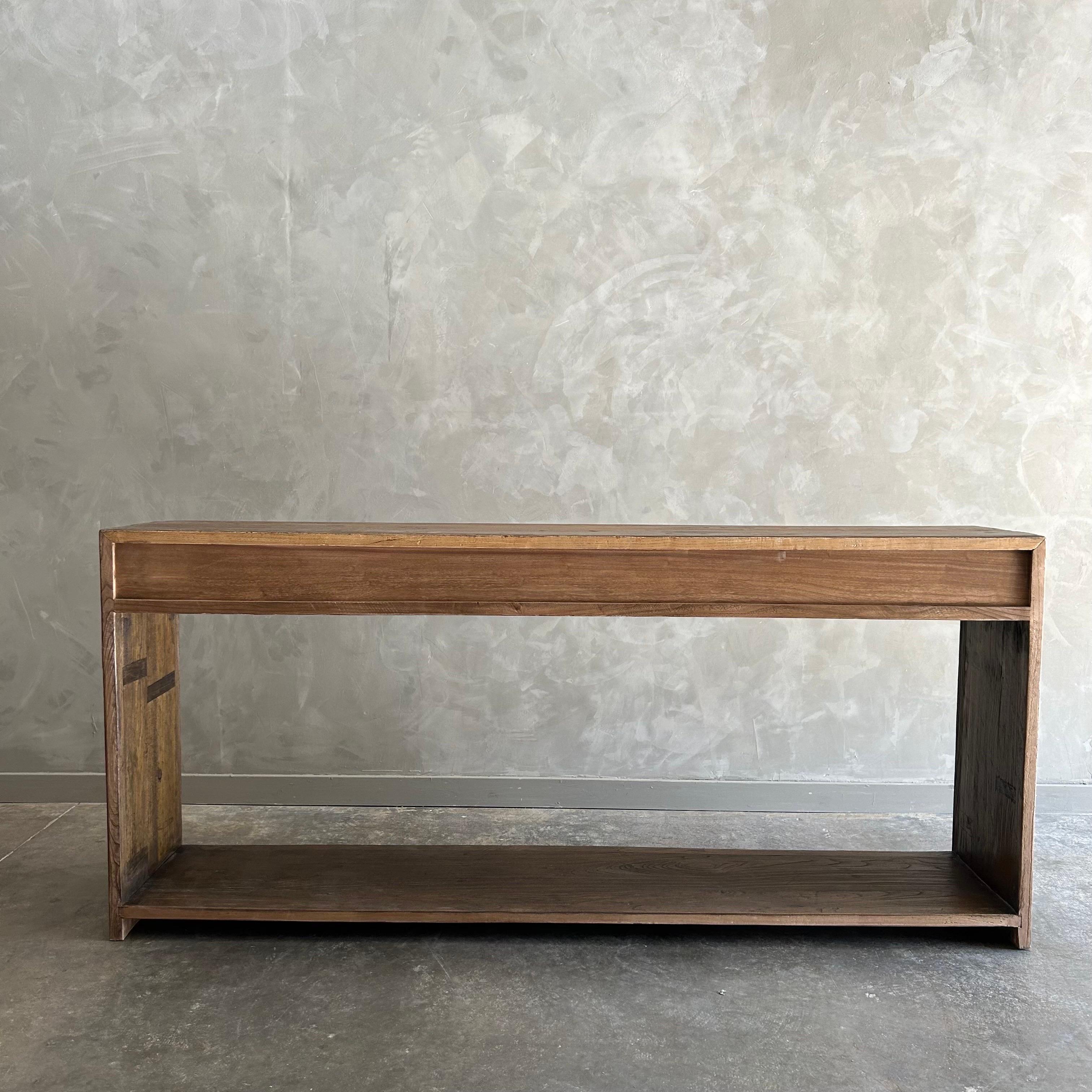 Custom Elm Wood Modern Console Table with Drawers in Dark Walnut For Sale 7