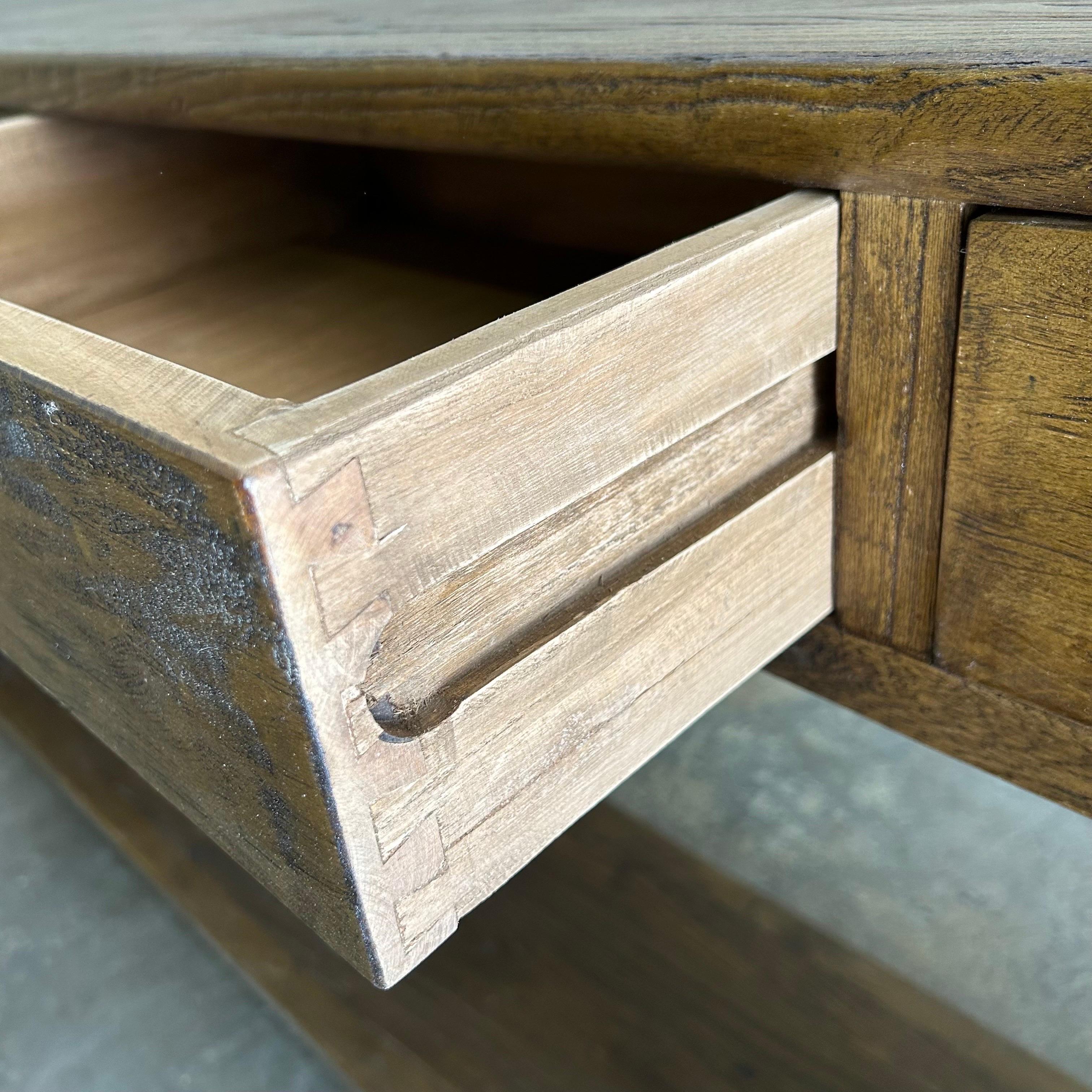 Custom Elm Wood Modern Console Table with Drawers in Dark Walnut For Sale 8