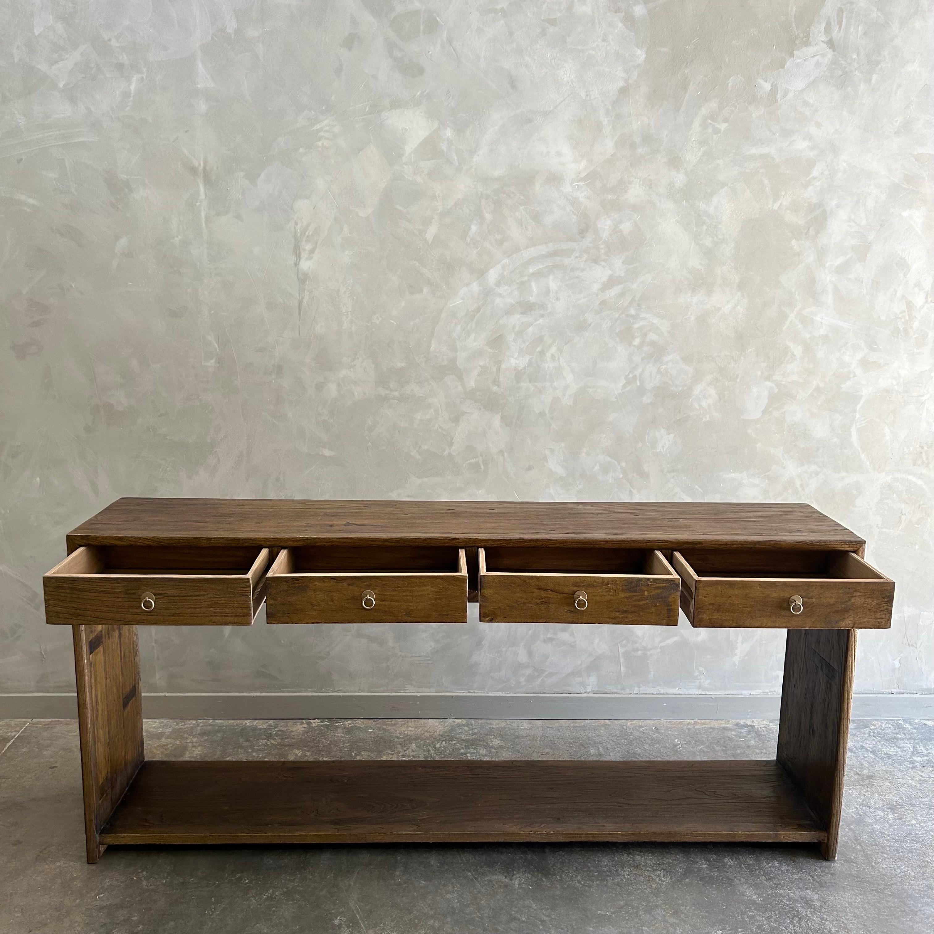 Custom Elm Wood Modern Console Table with Drawers in Dark Walnut In New Condition For Sale In Brea, CA