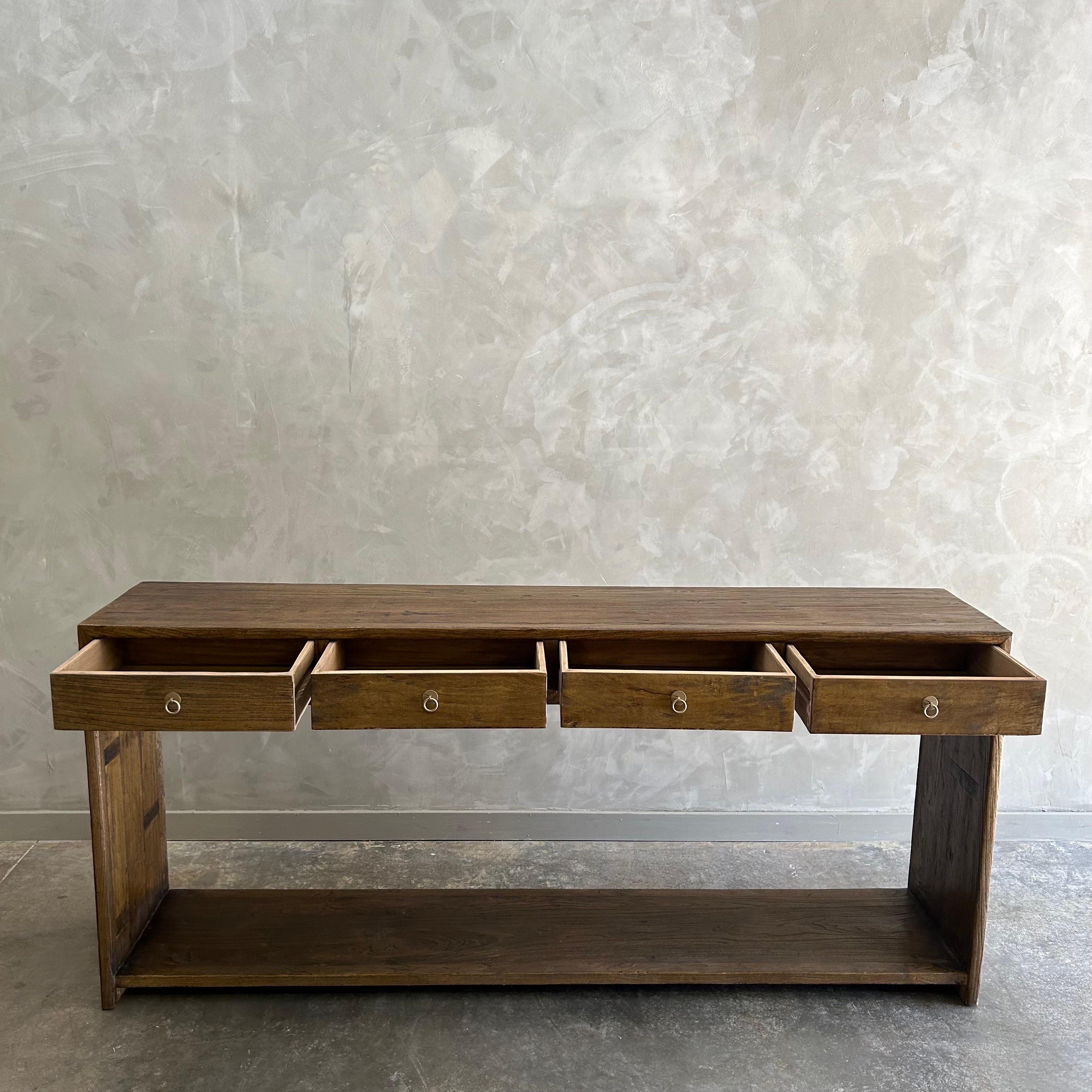 Custom Elm Wood Modern Console Table with Drawers in Dark Walnut In New Condition For Sale In Old Town Orange, CA