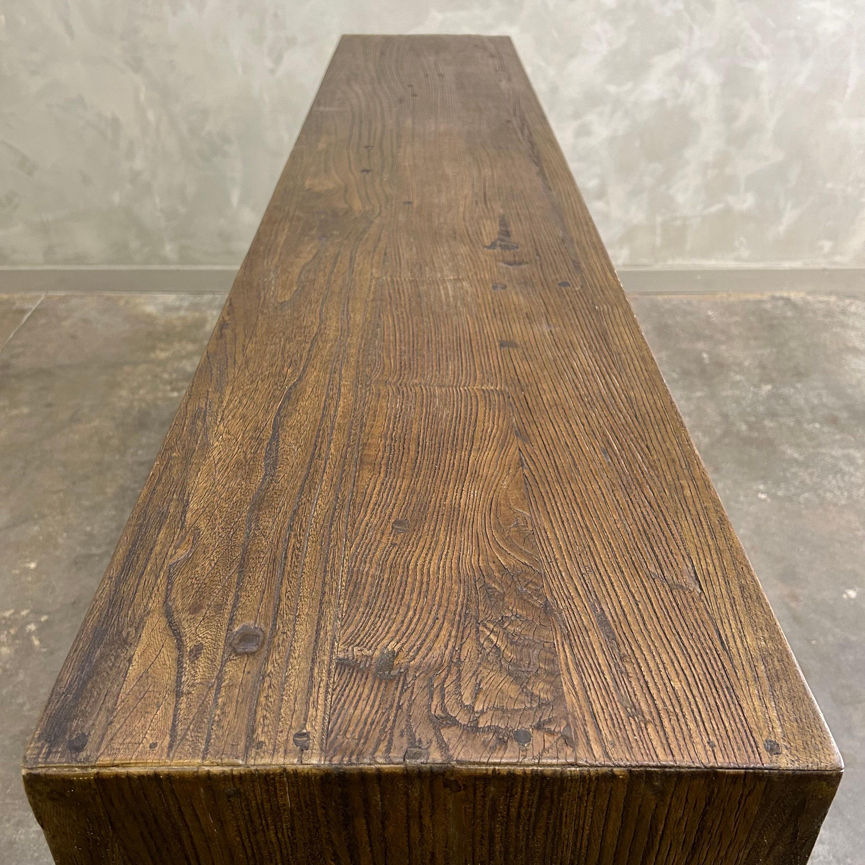 Custom Elm Wood Modern Console Table with Drawers in Dark Walnut For Sale 1