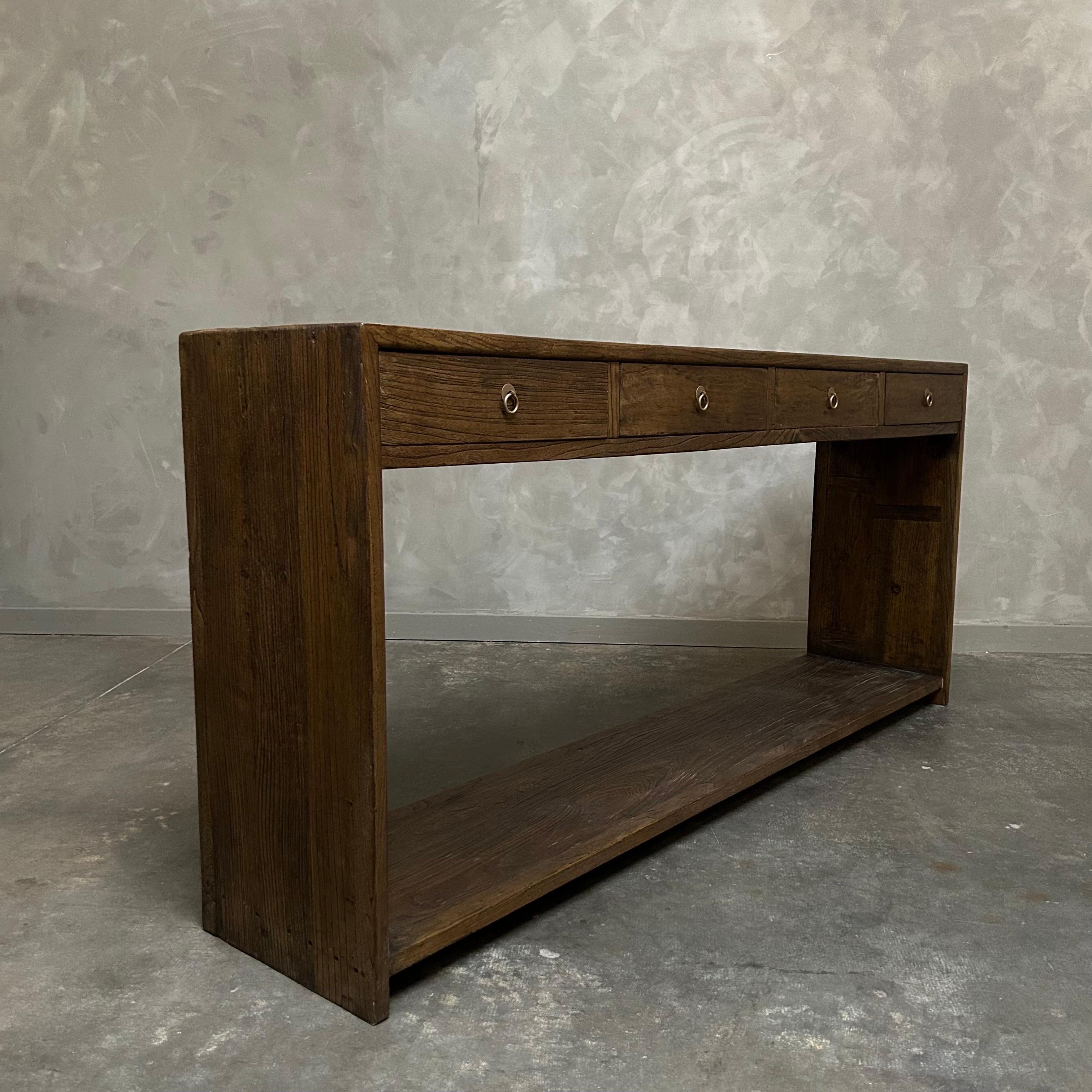 Custom Elm Wood Modern Console Table with Drawers in Dark Walnut For Sale 3