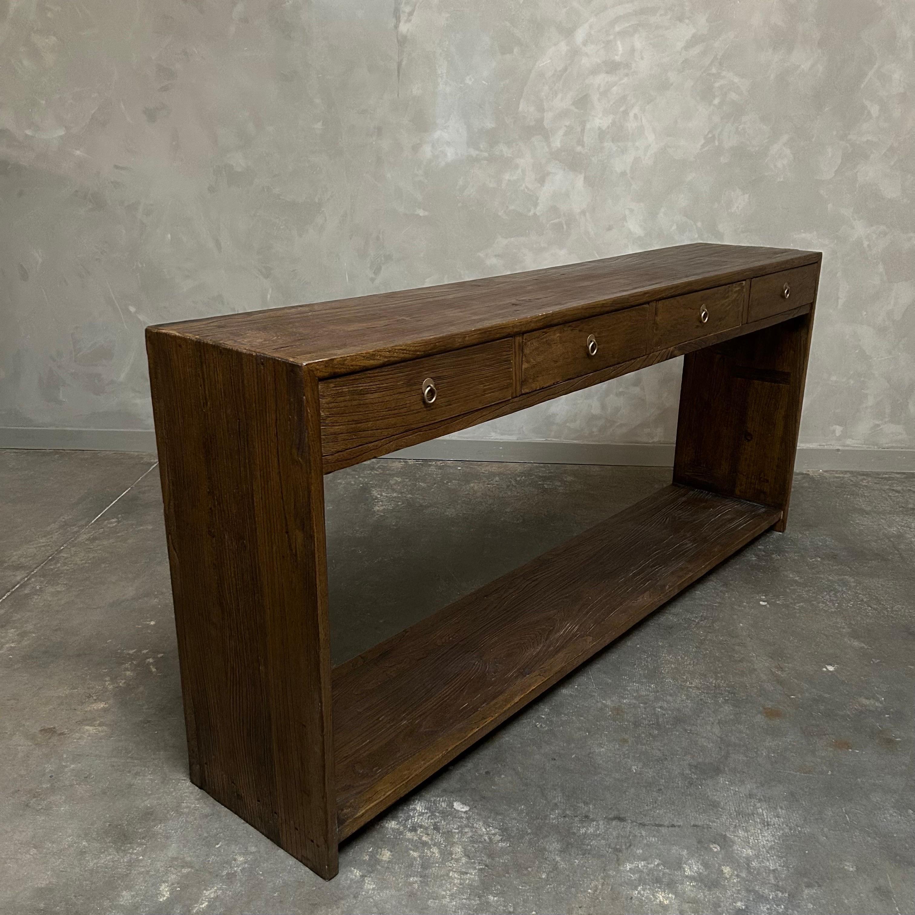 Custom Elm Wood Modern Console Table with Drawers in Dark Walnut For Sale 4