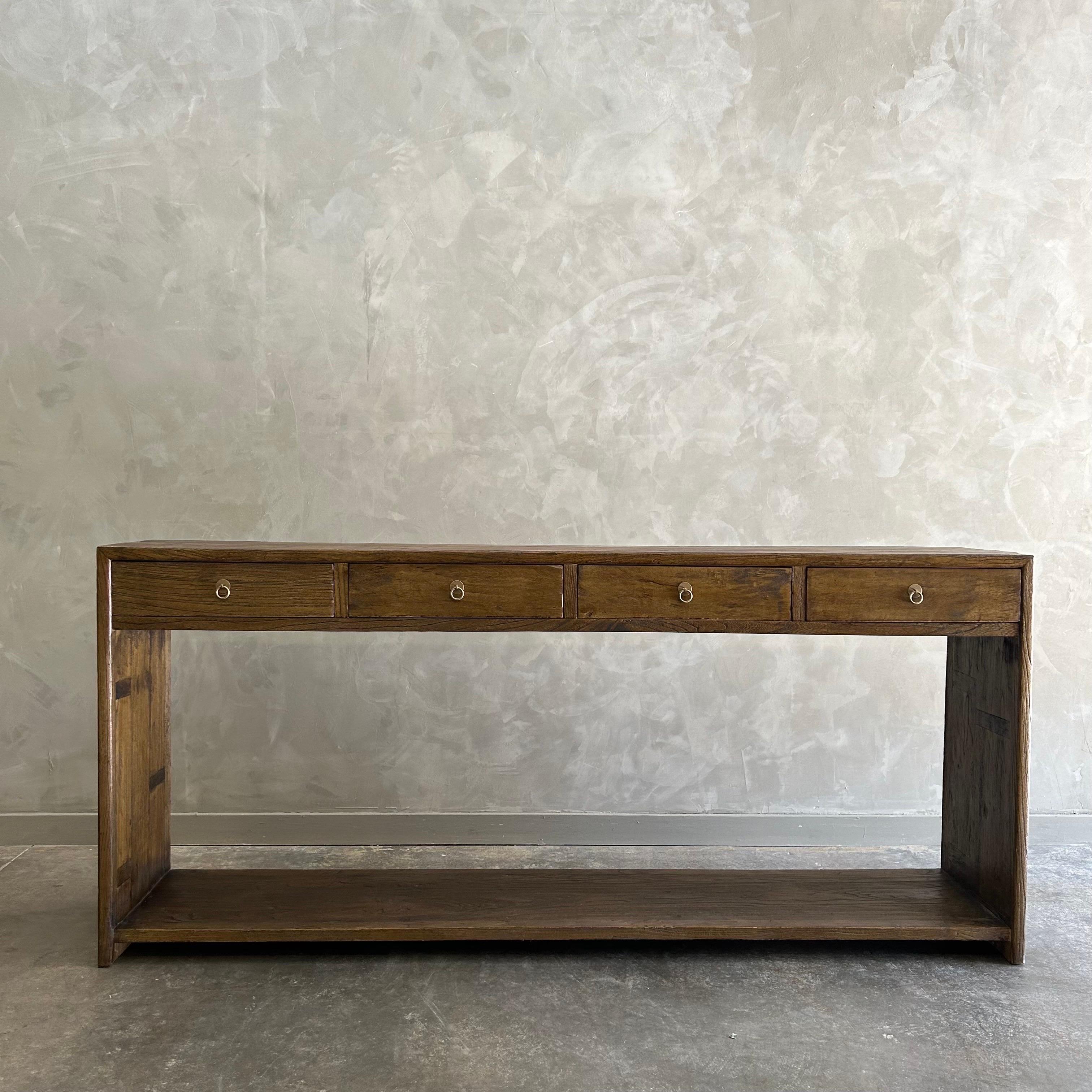 Custom Elm Wood Modern Console Table with Drawers in Dark Walnut For Sale 5