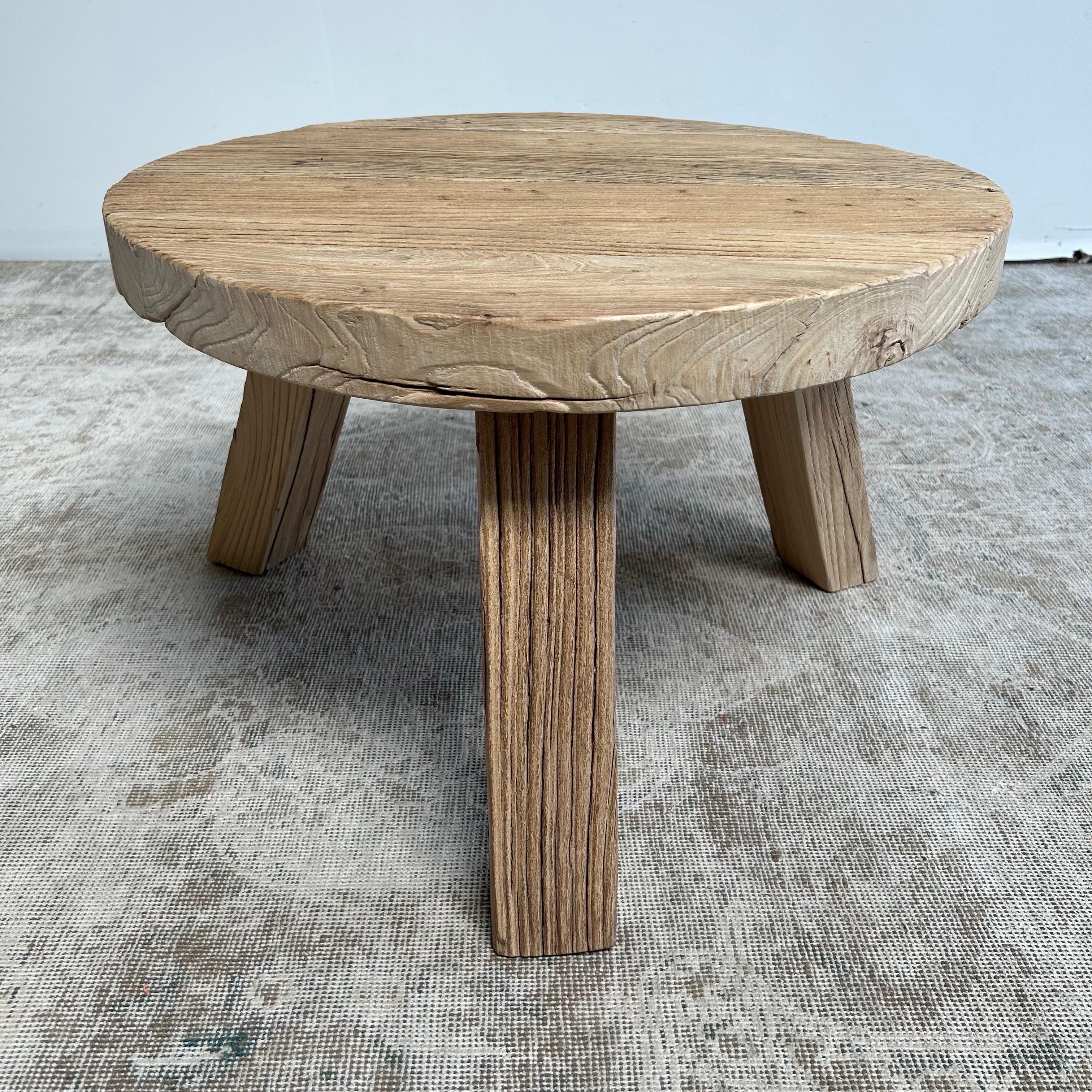 Custom made by bloom home inc elm wood round coffee table with approximately 2? thick top. Solid elm table is heavy, sturdy, ready for everyday use. Medium elm wood waxed finish. We currenlty have these in stock please view quantity availability