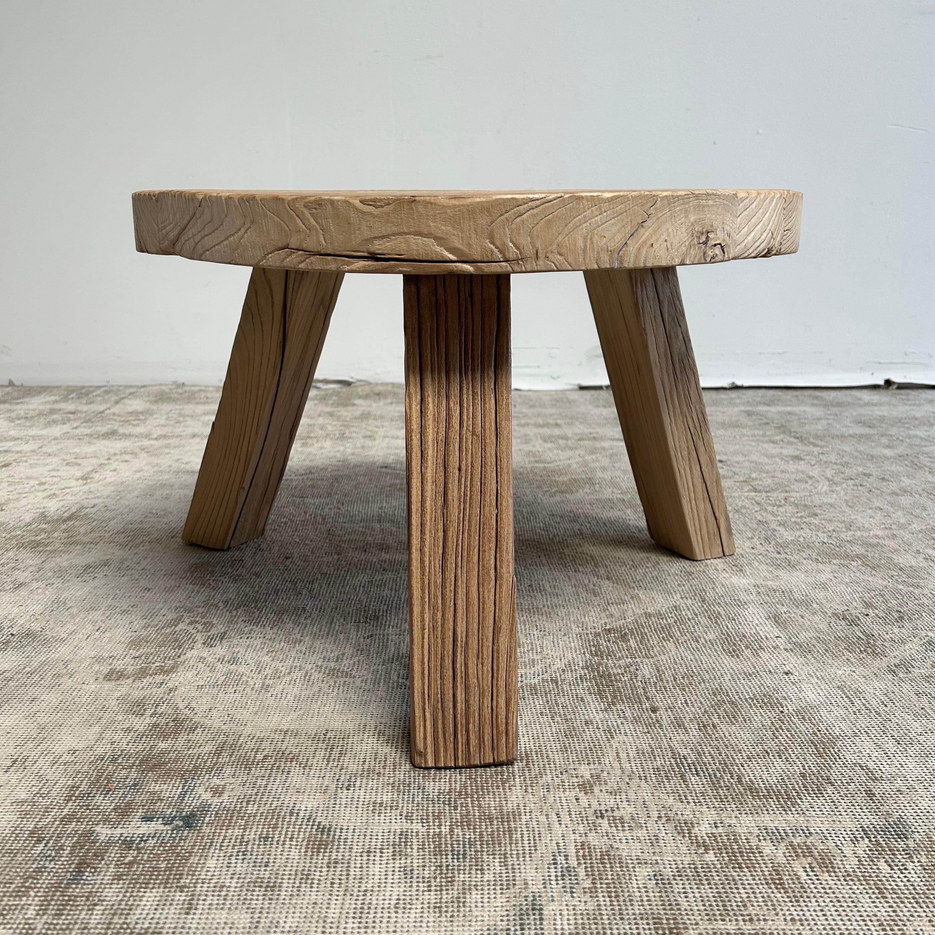 Asian Custom Elm Wood Round Tri Leg Side Table For Sale