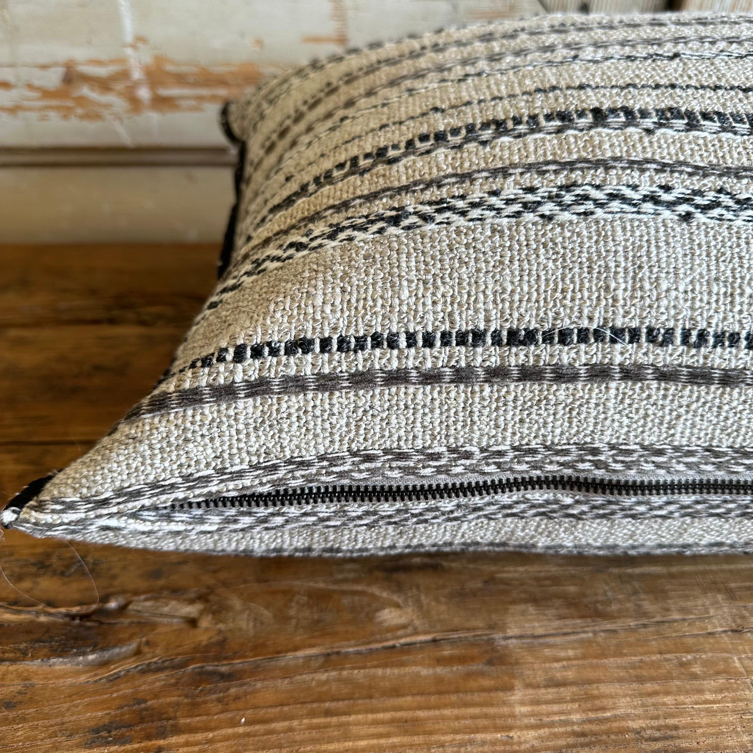 Contemporary Custom Embroidered Stripe French Linen and Wool Pillow Cover For Sale